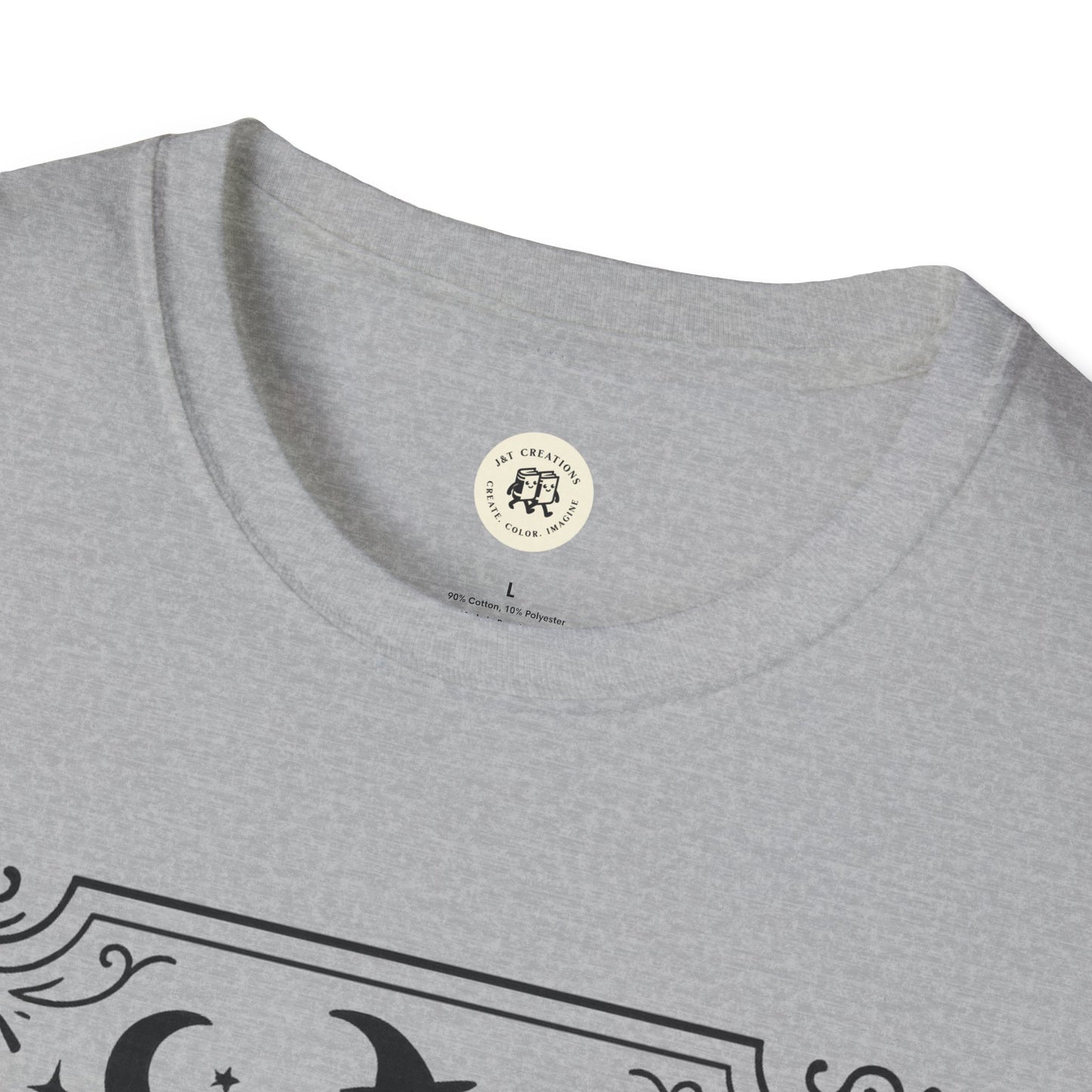 Close-up of Printify gray witchy Halloween t-shirt collar and tag with black design details