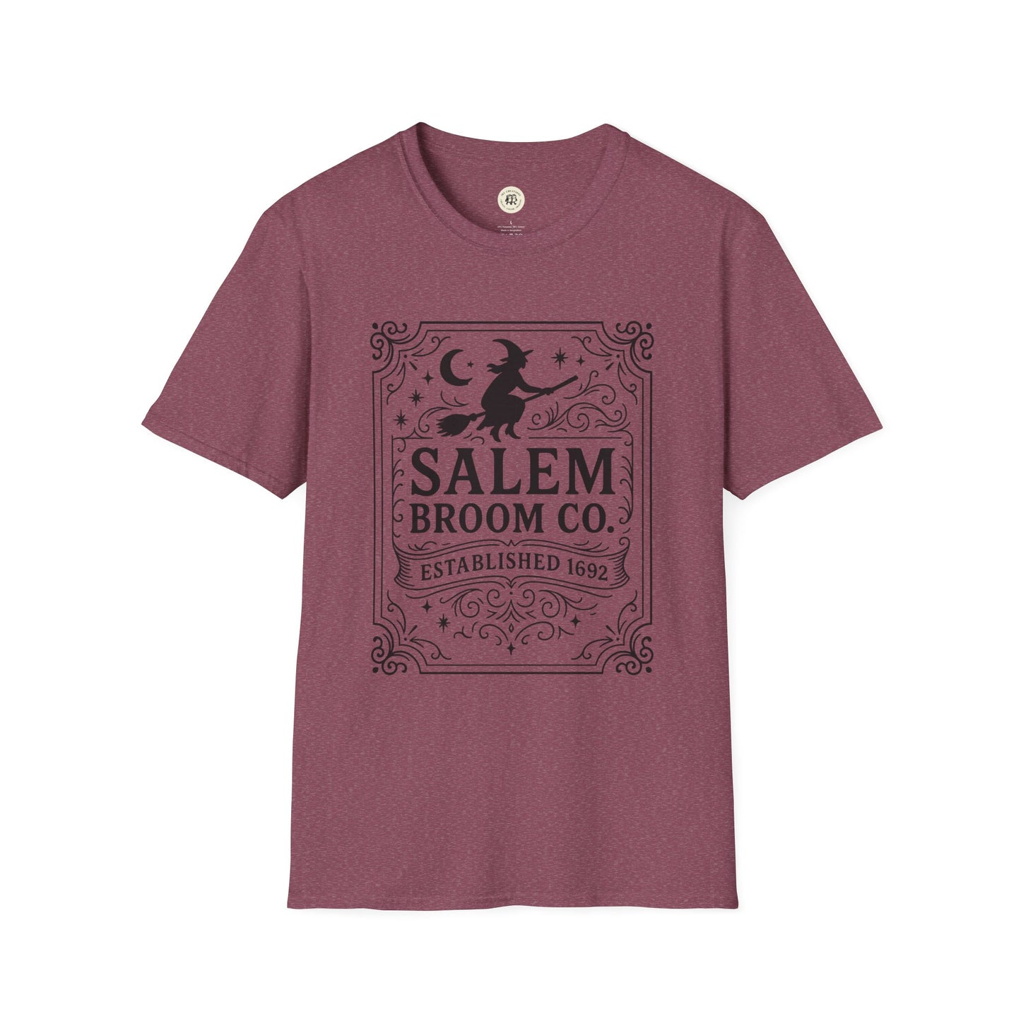 Printify witchy Halloween t-shirt in maroon with Salem Broom Co vintage witch design