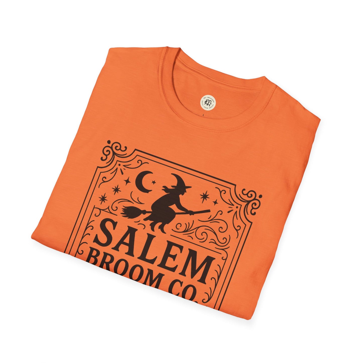 Orange Printify witchy Halloween t-shirt with Salem Broom Co witch and moon design