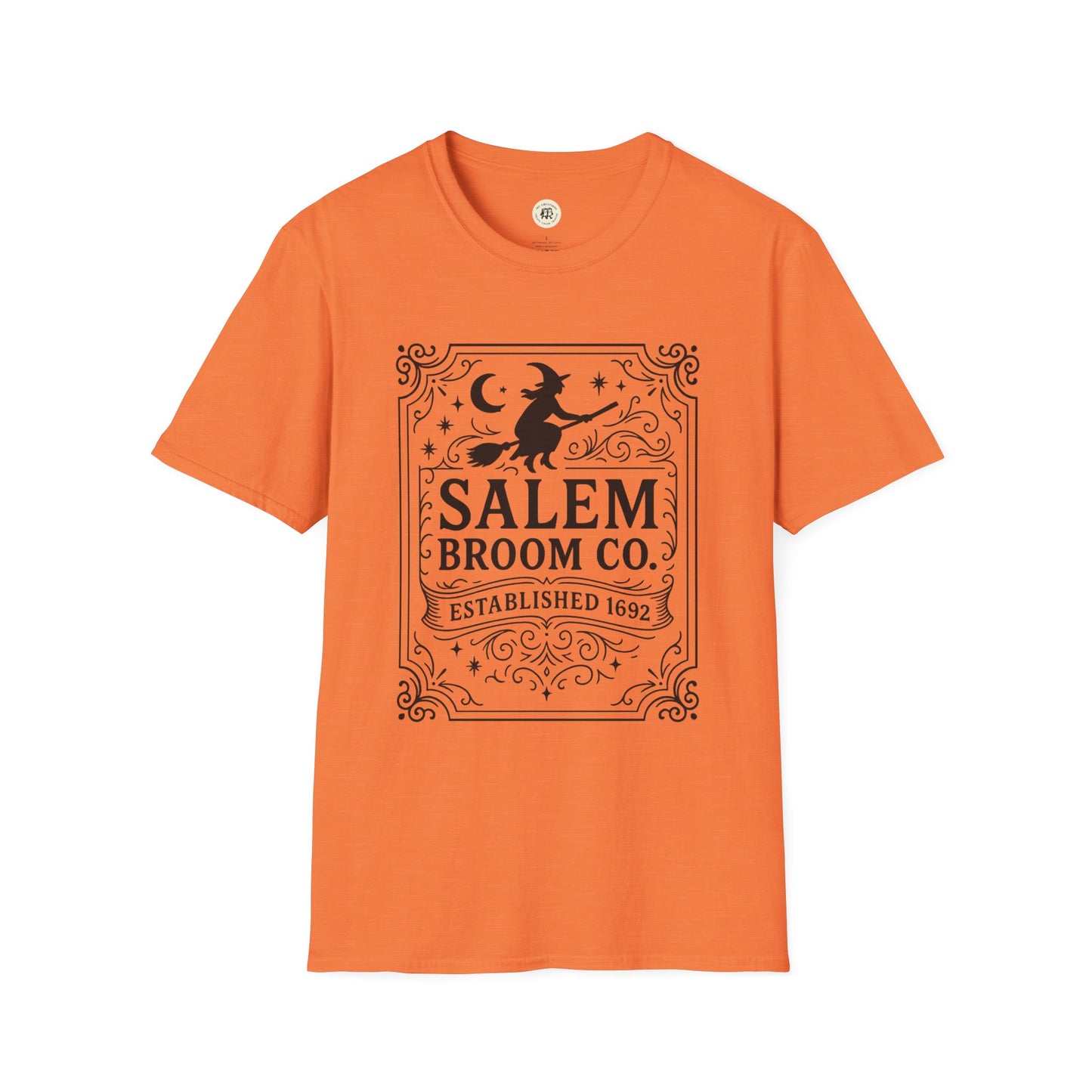 Orange Printify witchy Halloween t-shirt with Salem Broom Co vintage witch design