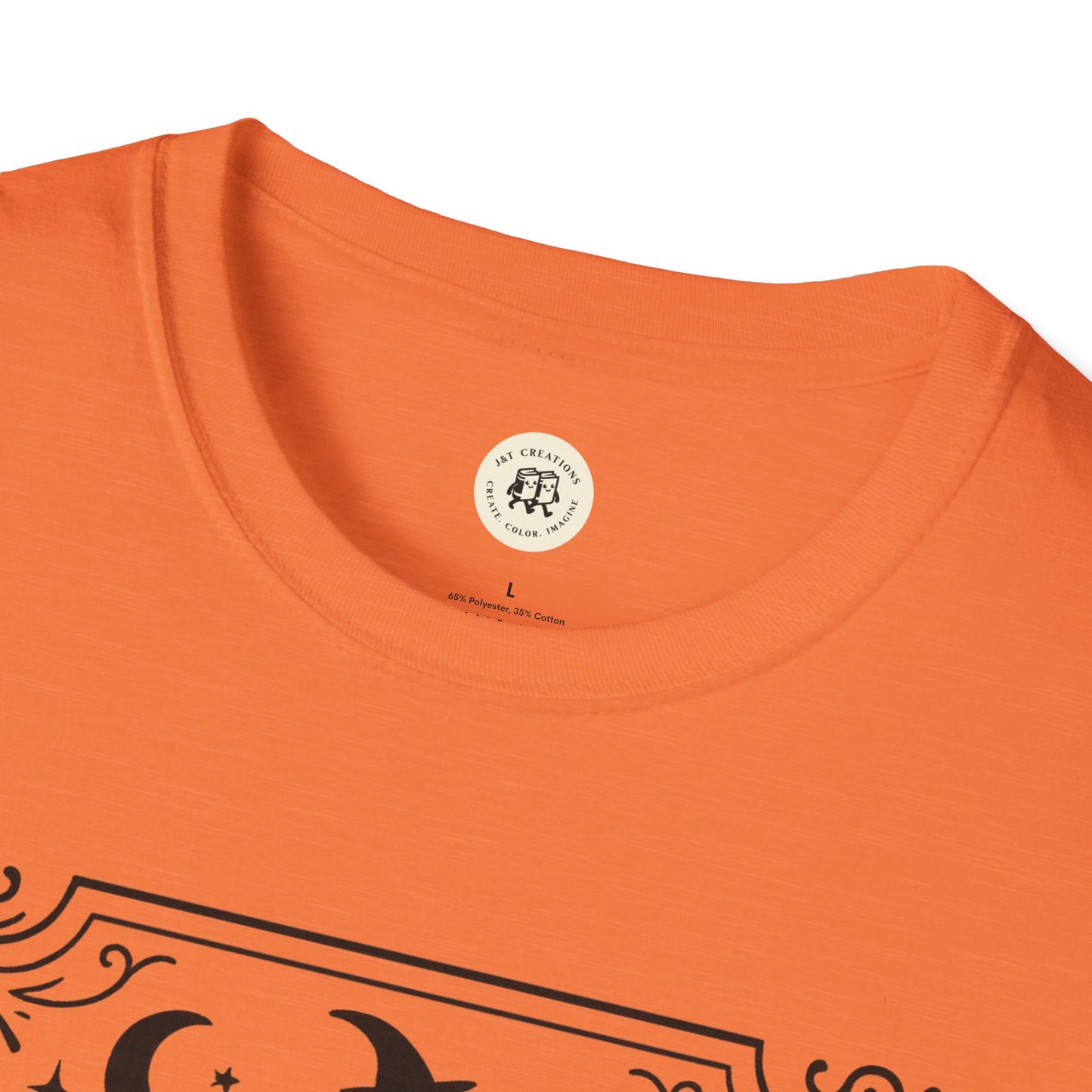 Orange Printify witchy Halloween t-shirt with black mystical design close-up of neckline