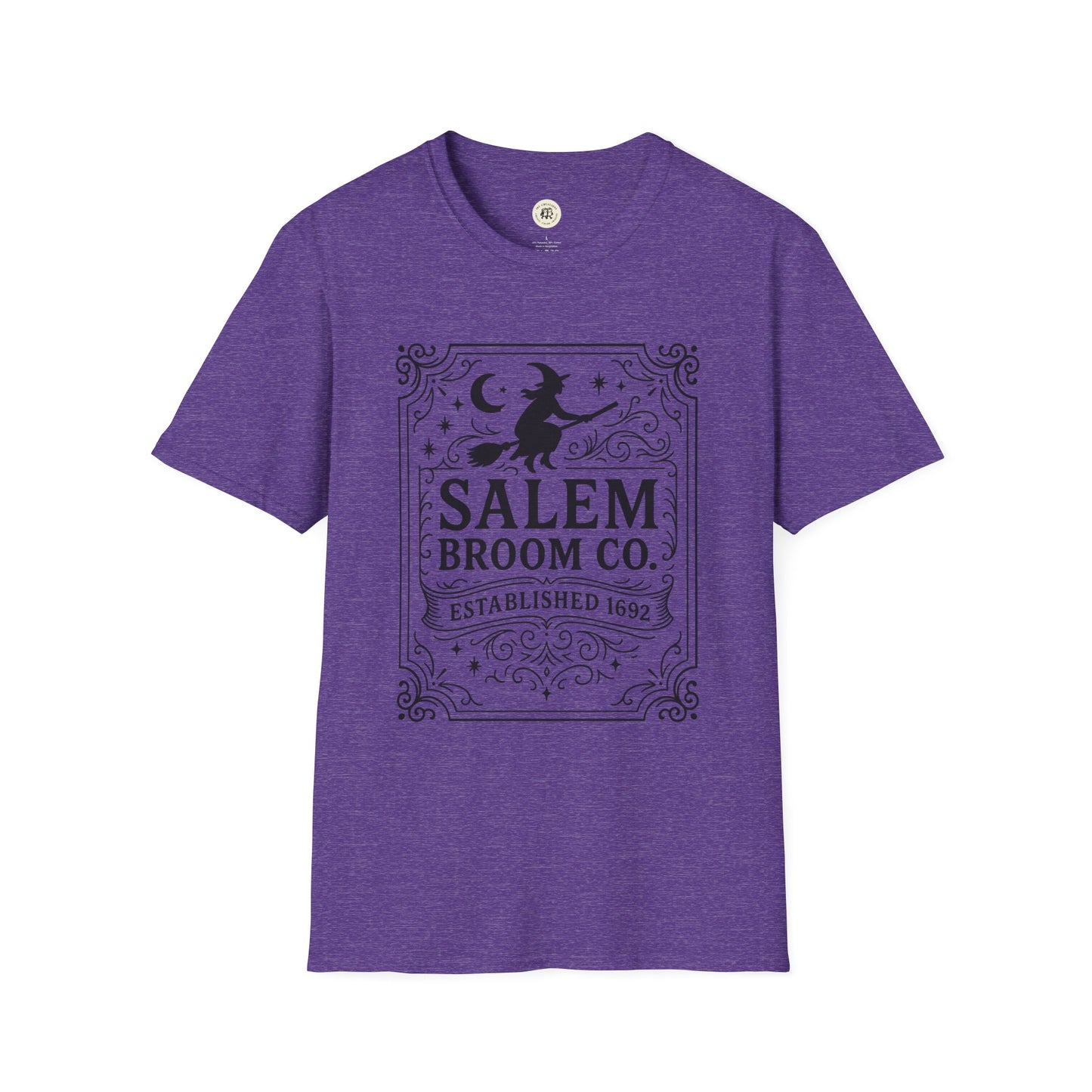 Purple witchy Halloween t-shirt with Salem Broom Co. vintage witch design by Printify