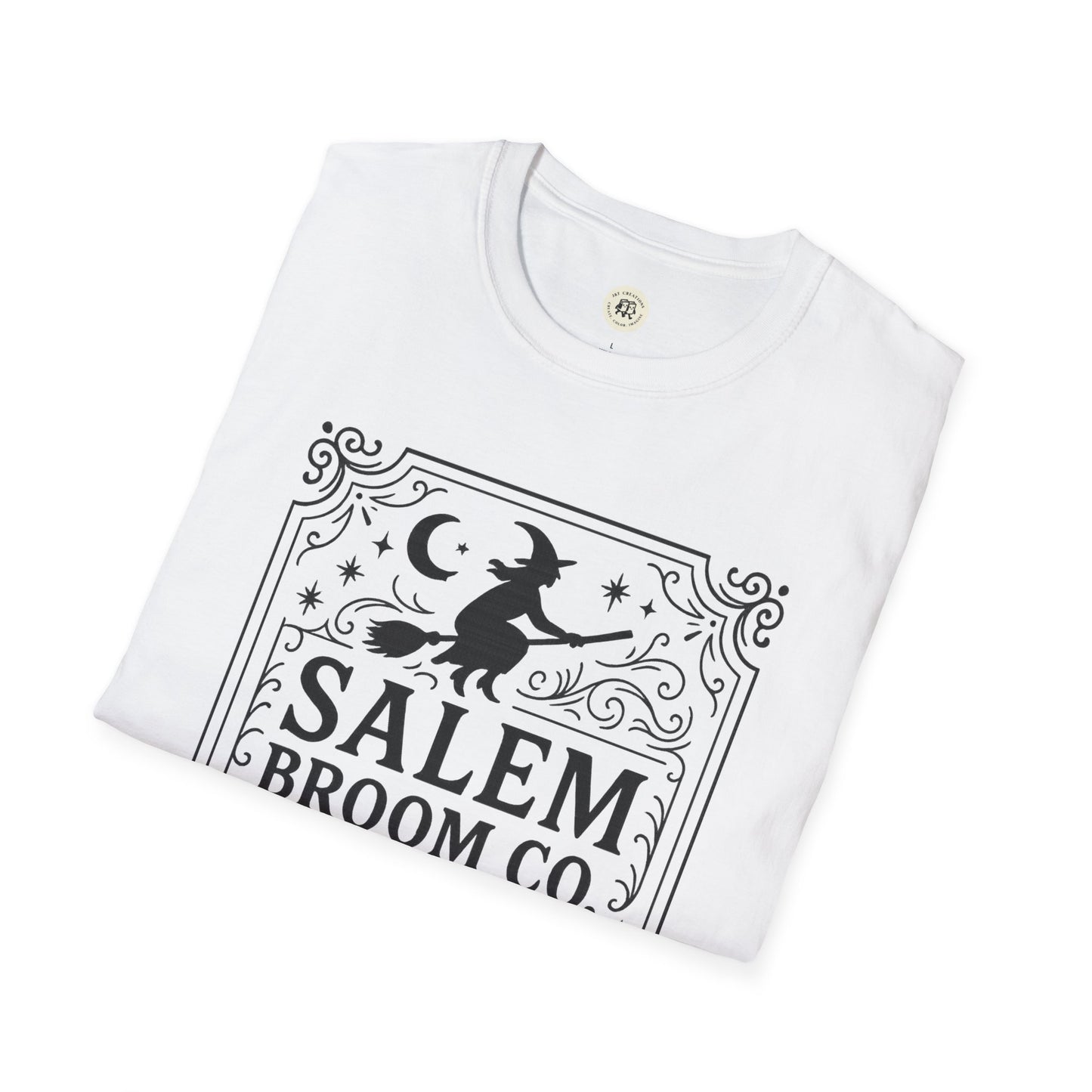 White Printify witchy Halloween t-shirt with Salem Broom Co. witch graphic design