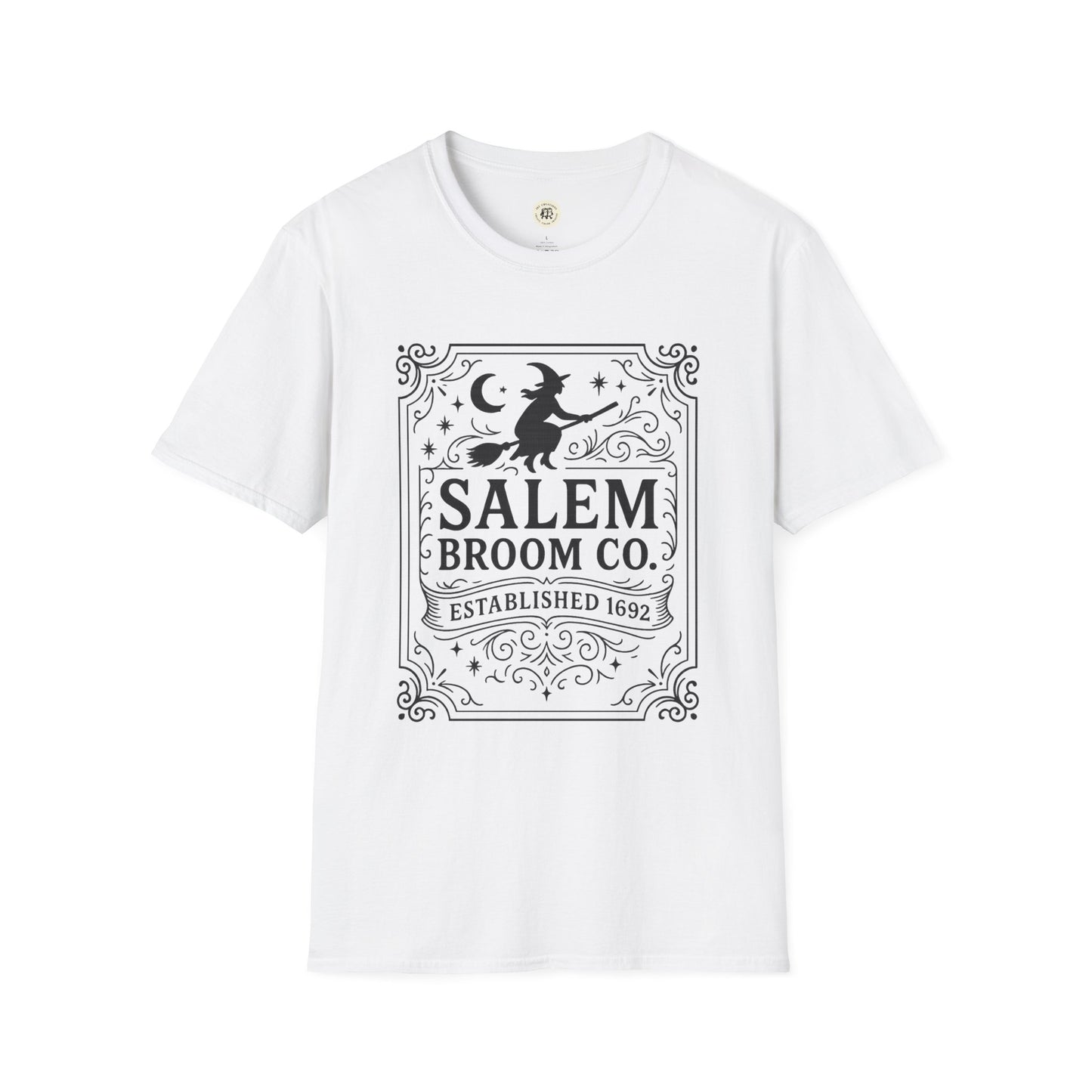 Printify white witchy Halloween t-shirt with Salem Broom Co. vintage witch and moon design