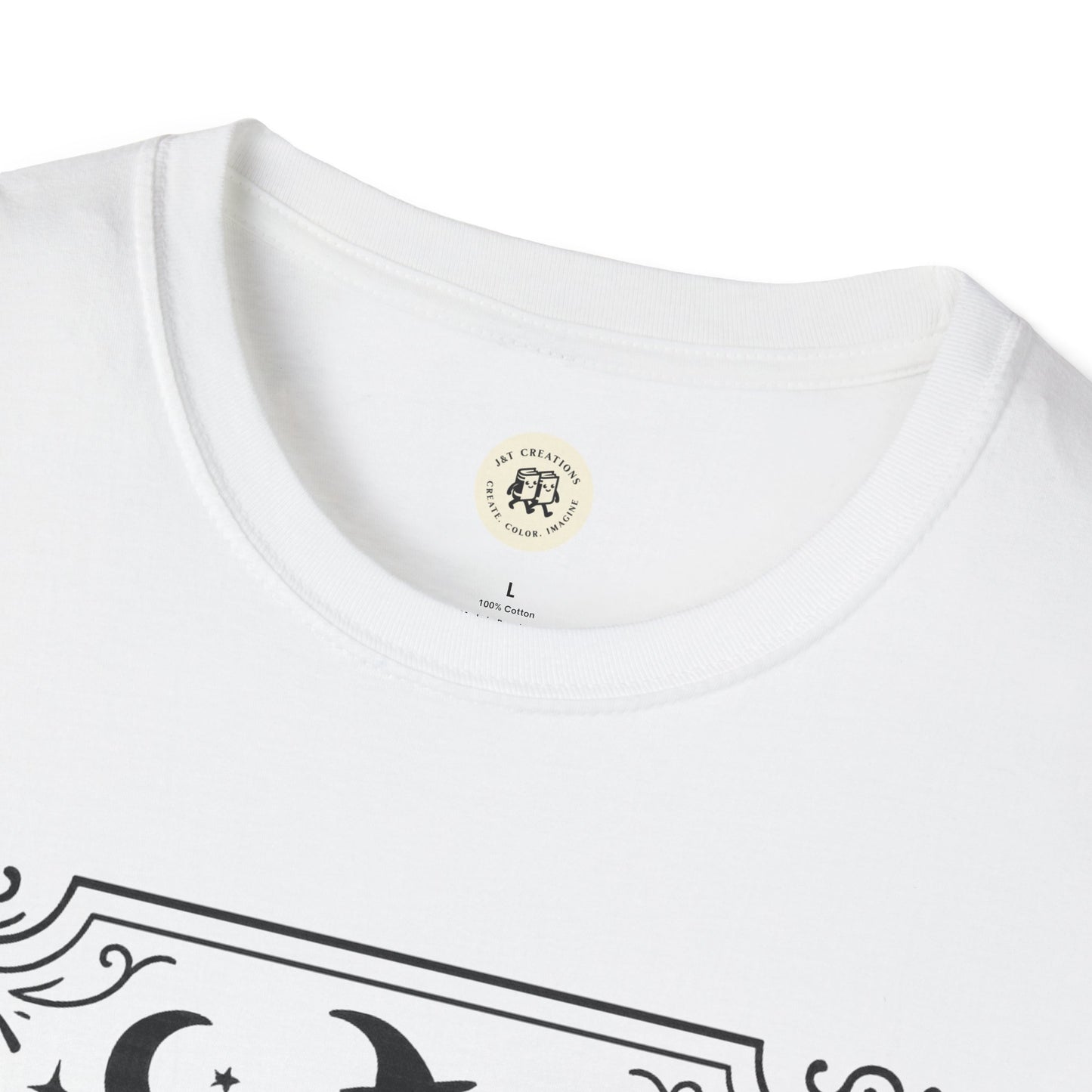 White witchy Halloween t-shirt by Printify featuring a black mystical design on soft cotton fabric