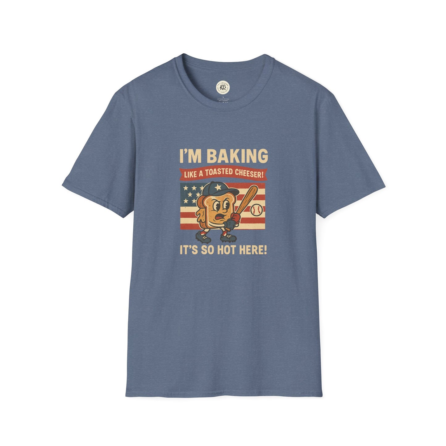 Printify Sandlot inspired t shirt with a cartoon toasted cheese character and baseball design