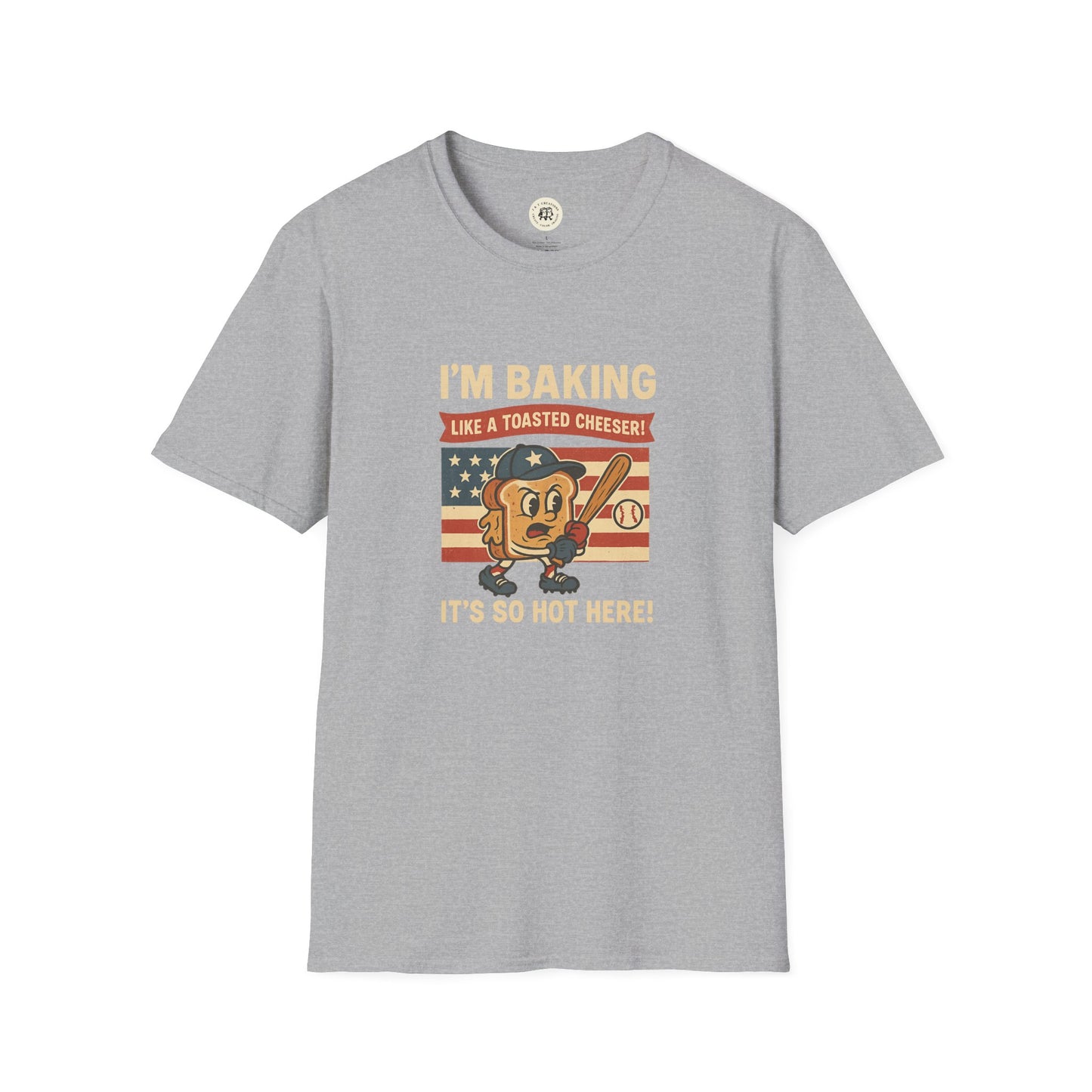 Gray Printify Sandlot inspired t shirt featuring a vintage-style cartoon baseball and American flag design