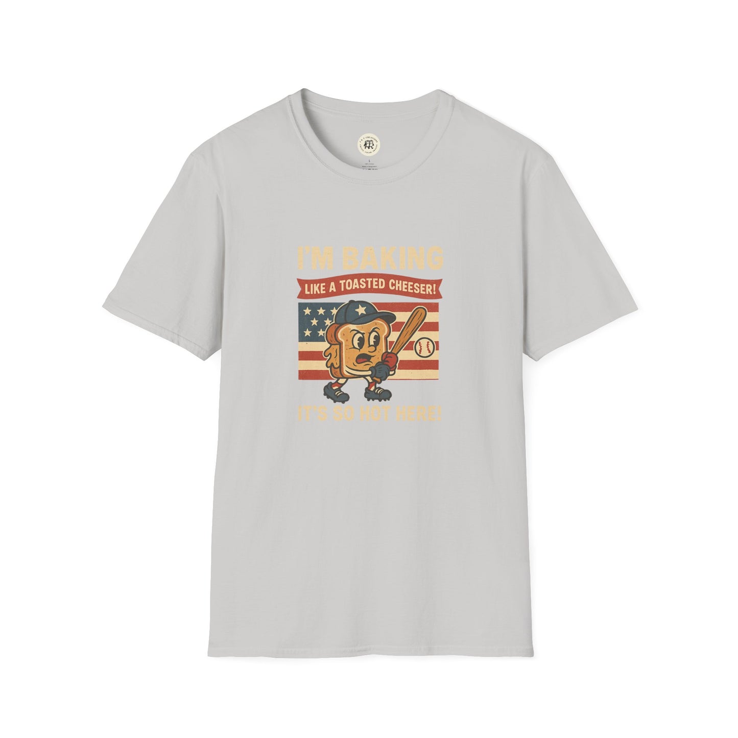 Printify Sandlot inspired t shirt with vintage baseball and toasted cheese design on light gray fabric