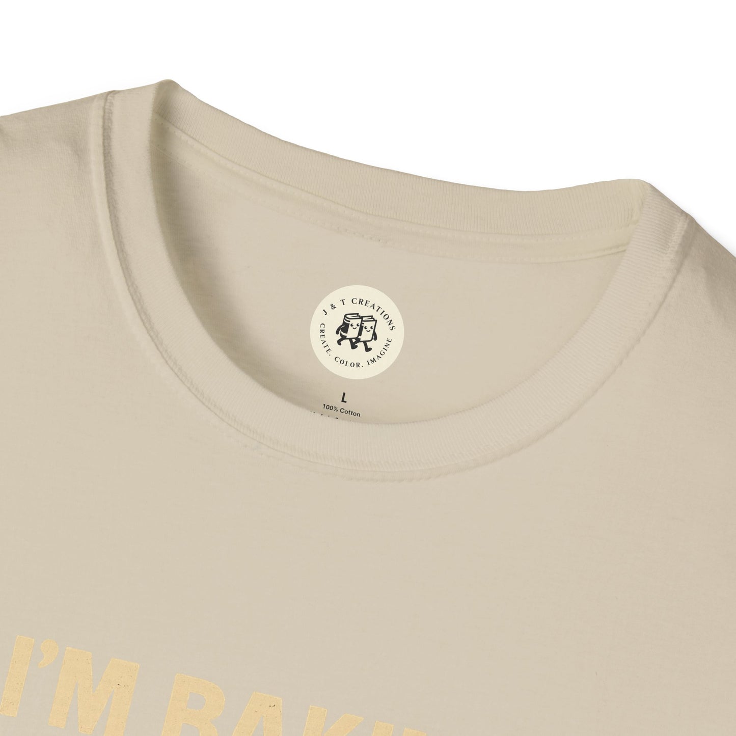 Close-up of beige Printify Sandlot inspired t shirt collar and neckline stitching