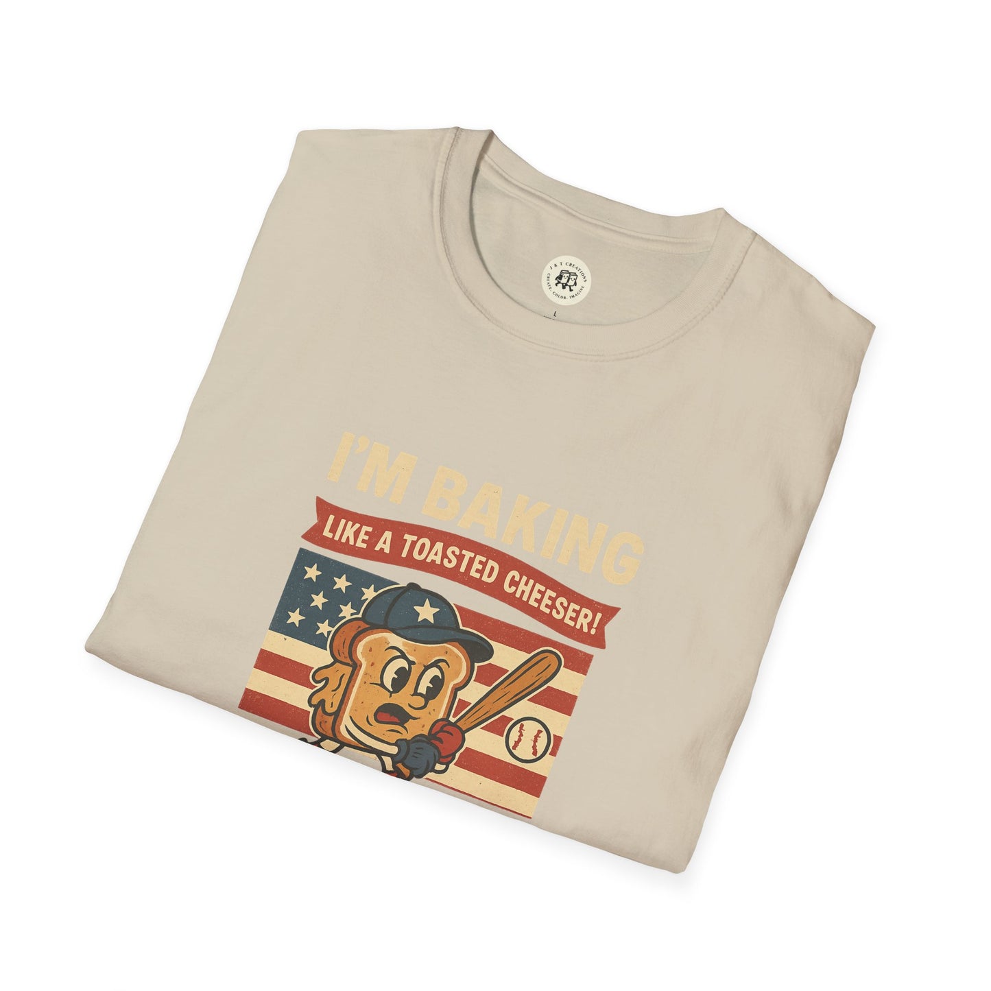 Printify Sandlot inspired t shirt with cartoon baseball player and text Iβm baking like a toasted cheeser