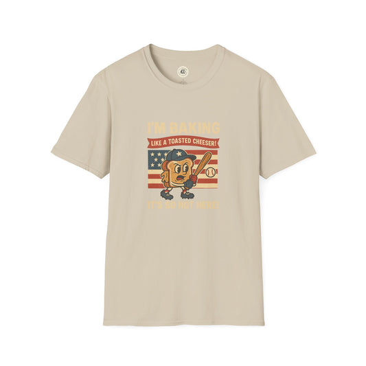 Printify beige Sandlot inspired t shirt with cartoon grilled cheese baseball player graphic