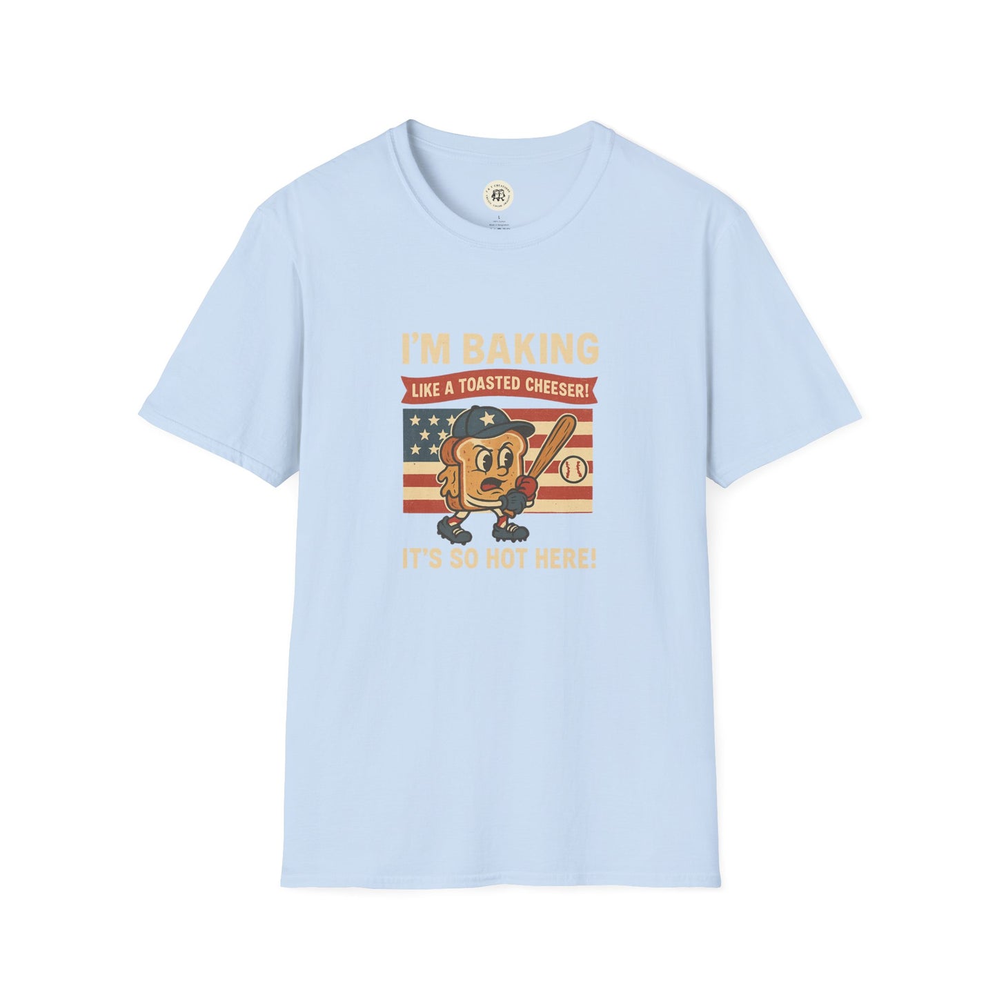 Light blue Sandlot inspired t shirt with vintage baseball toast graphic and text Iβm baking like a toasted cheeser