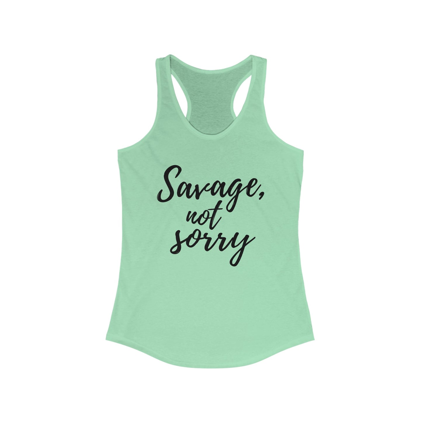 Mint green Printify tank top with savage not sorry racerback tee black script text