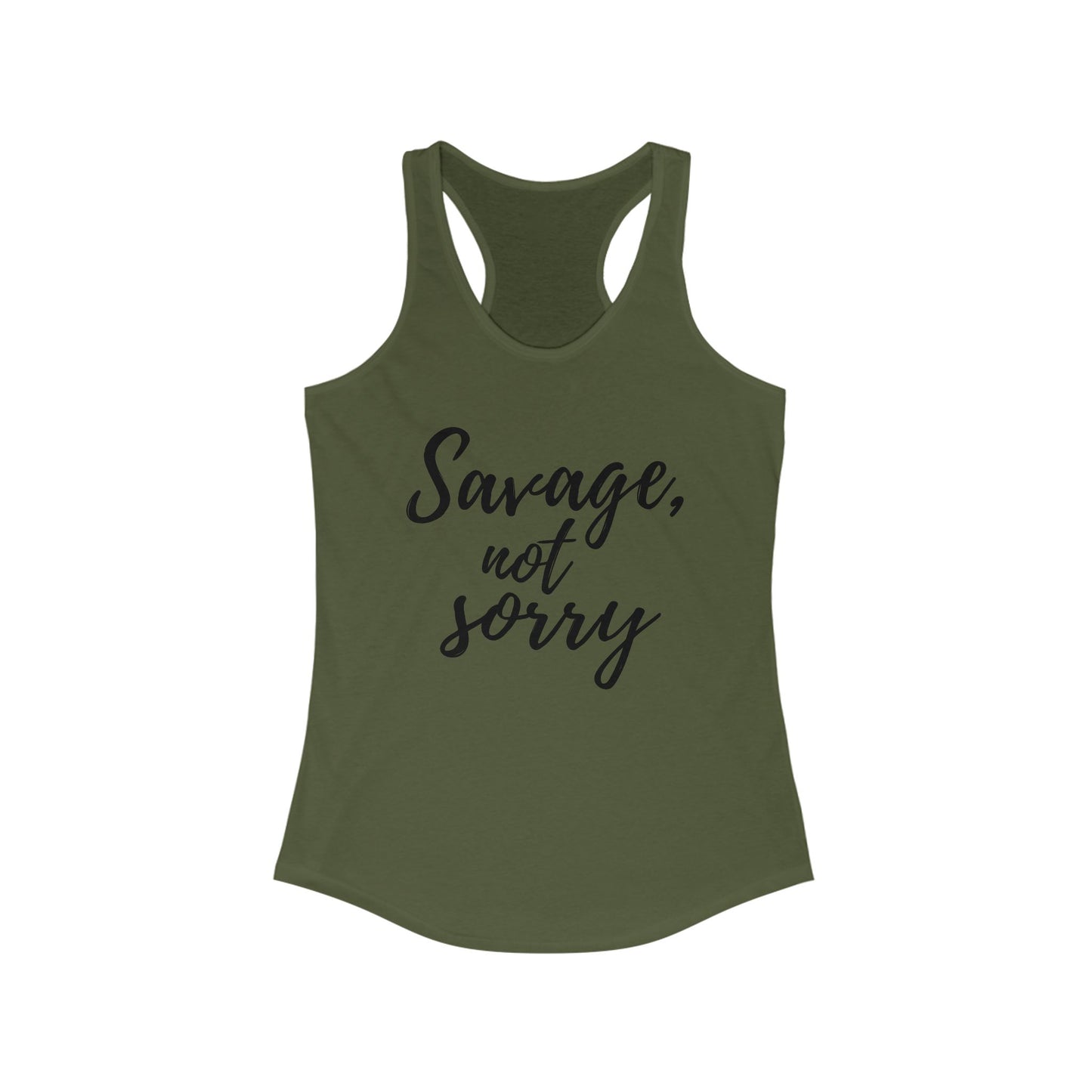 Olive green Printify tank top with black script text savage not sorry racerback tee design