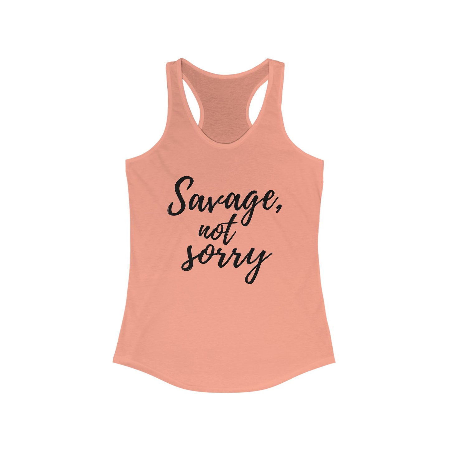 Printify peach tank top with savage not sorry racerback tee text in black script font