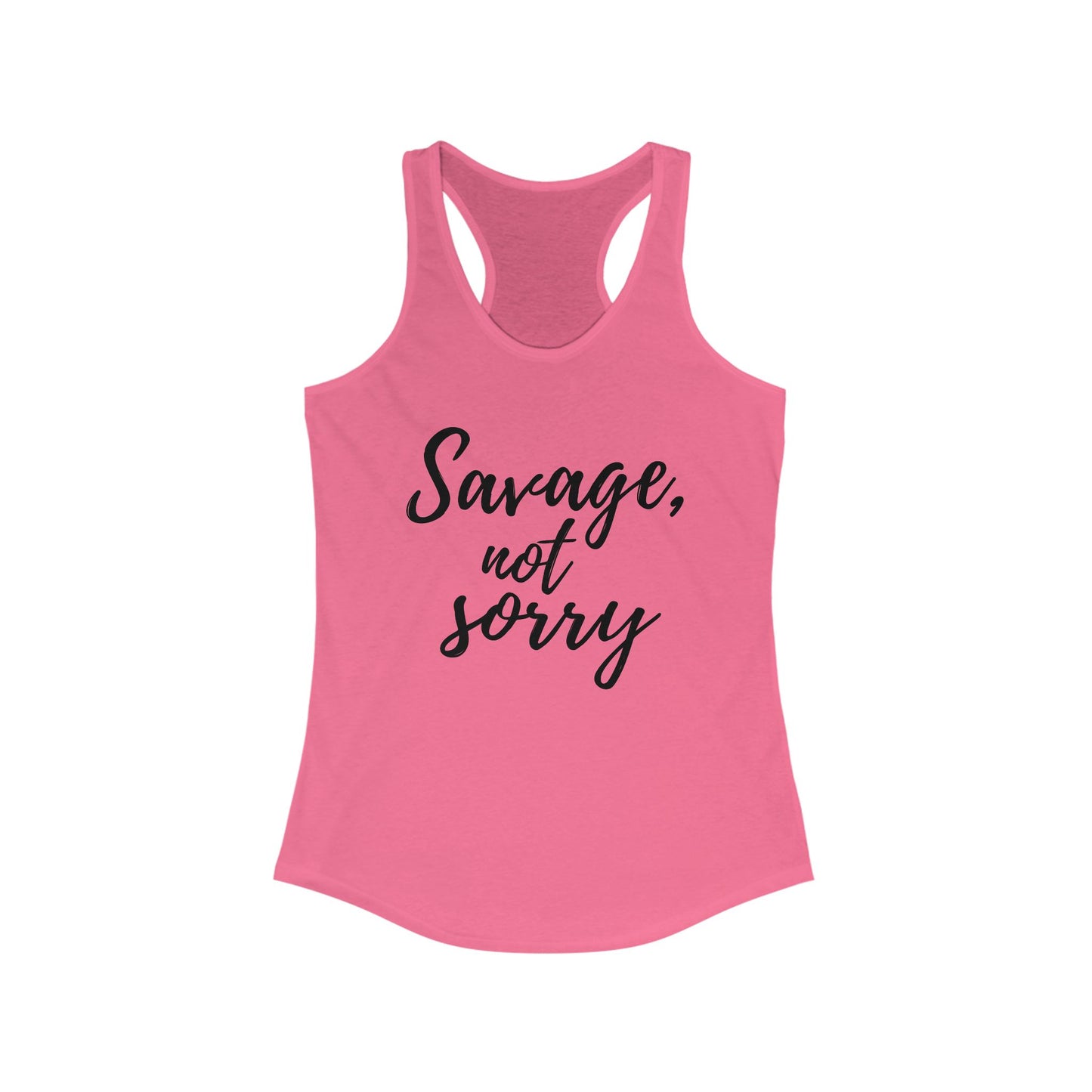 Pink Printify tank top with black text savage not sorry racerback tee in casual style