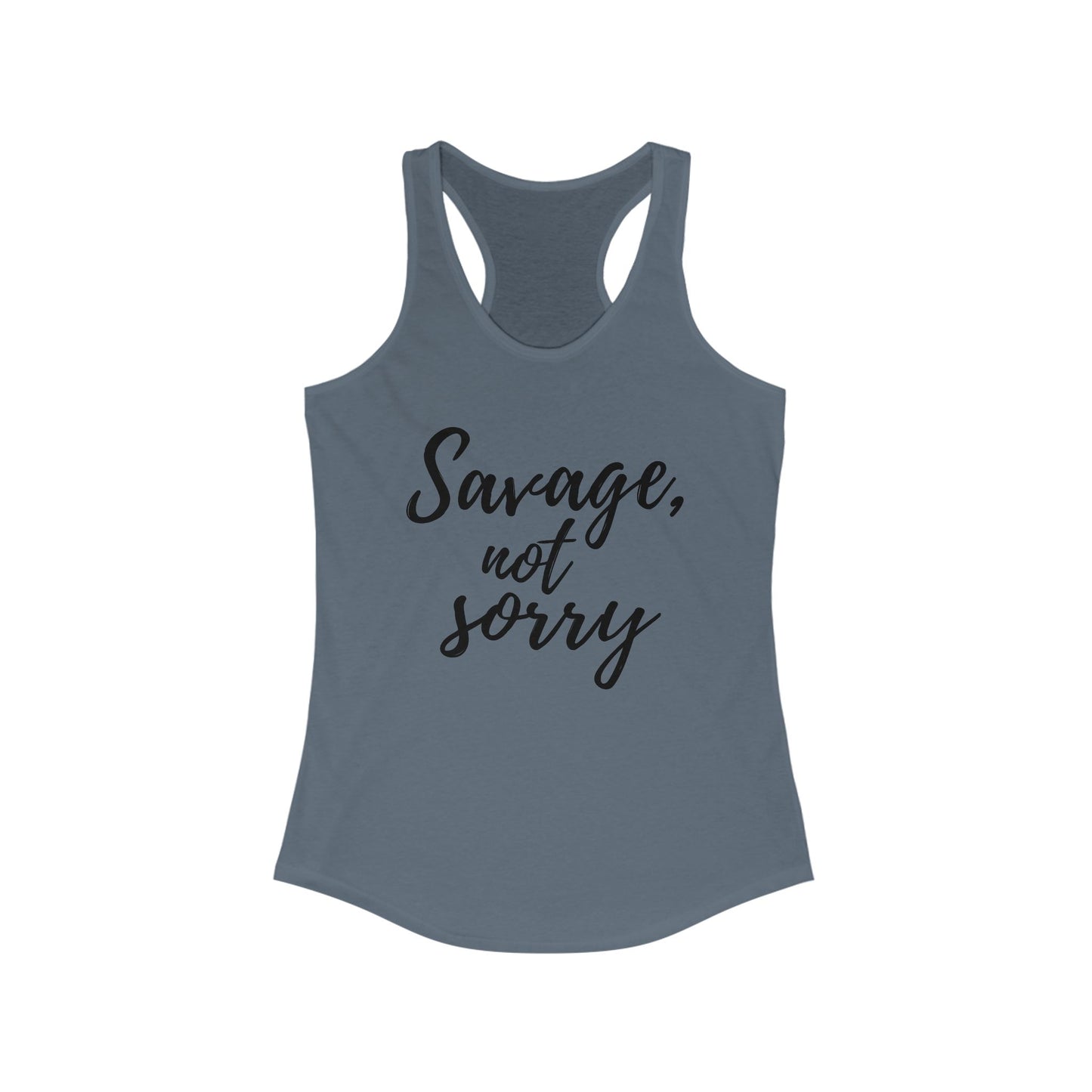 Printify grey tank top with black text savage not sorry racerback tee design