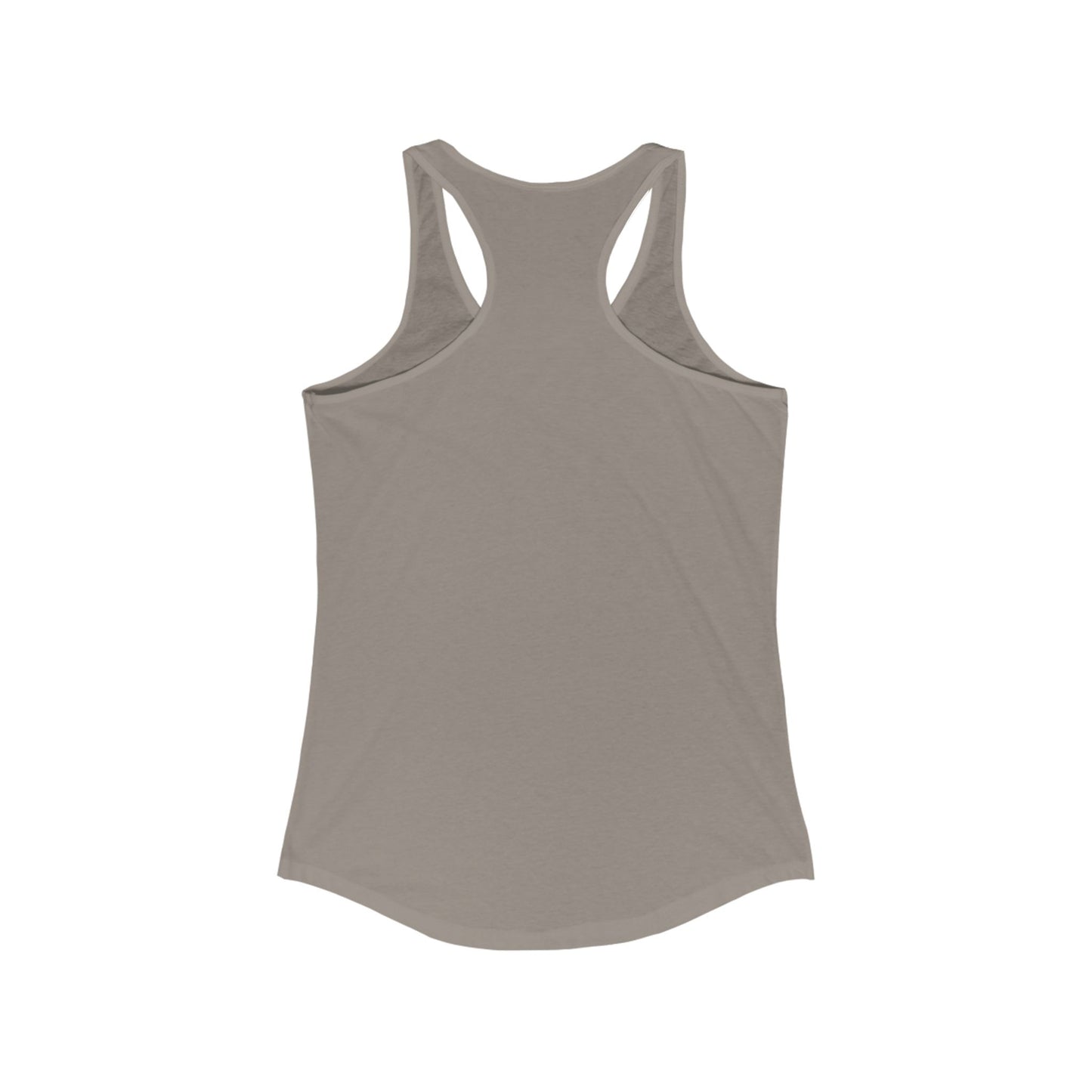 Back view of Printify grey tank top in savage not sorry racerback tee style