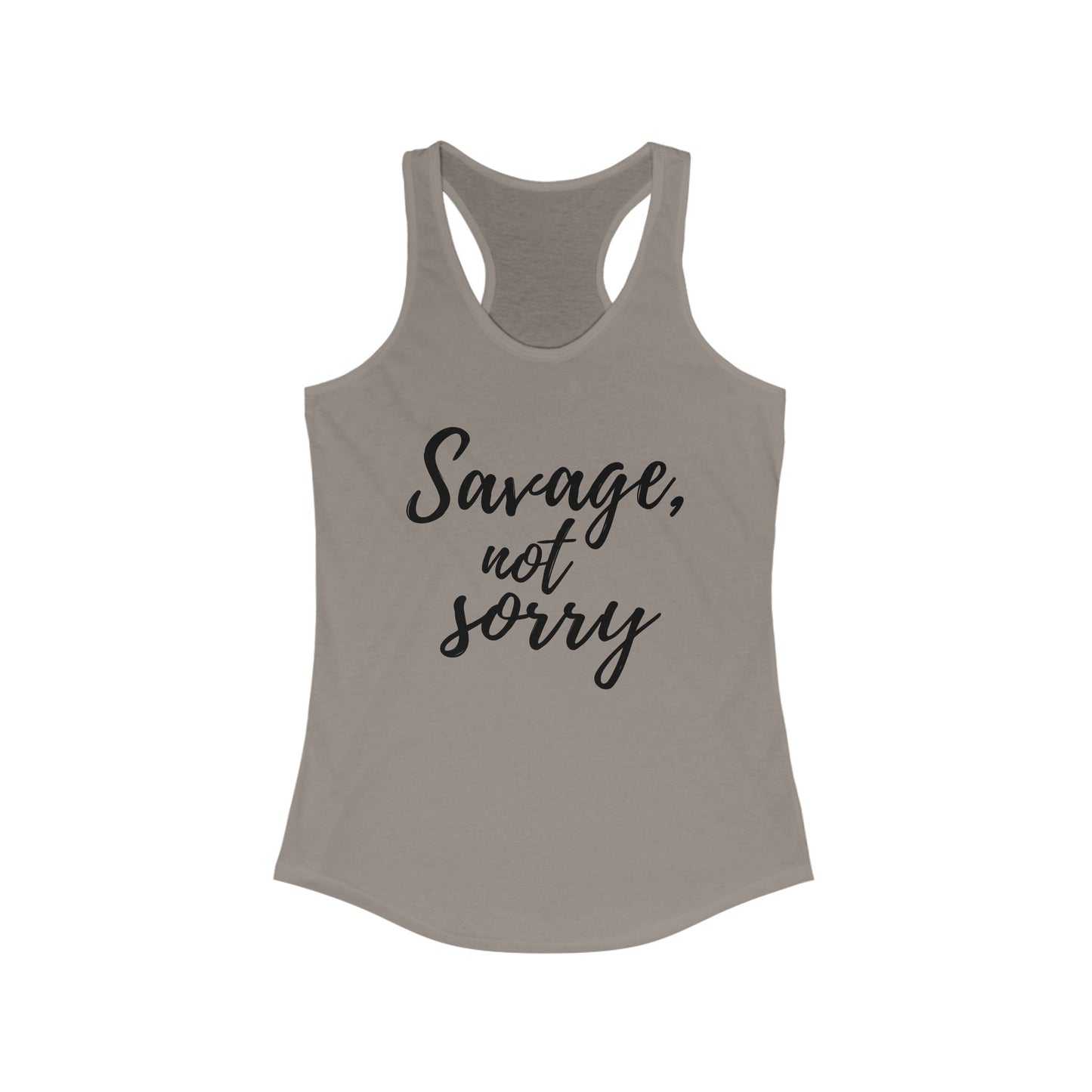 Printify savage not sorry racerback tee tank top in gray with black script text
