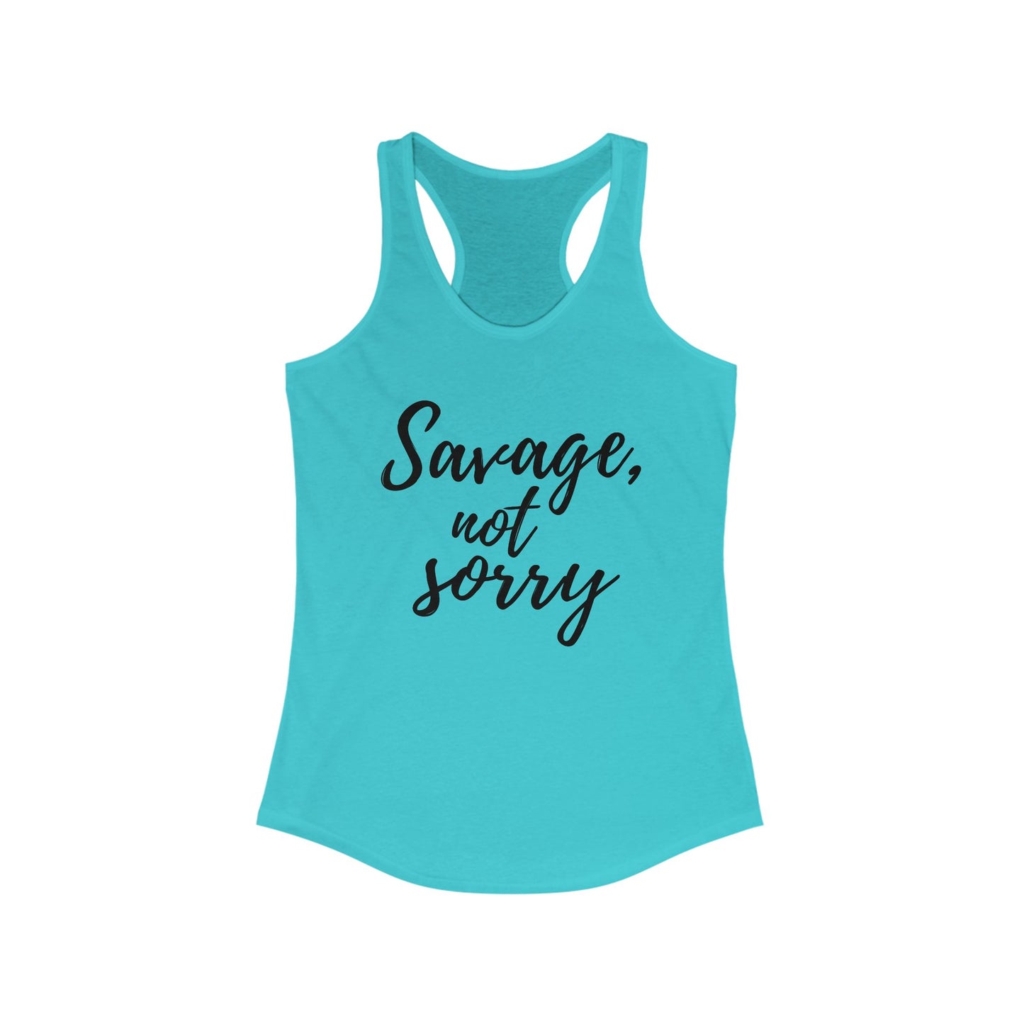 Blue tank top with black text savage not sorry racerback tee in script font by Printify