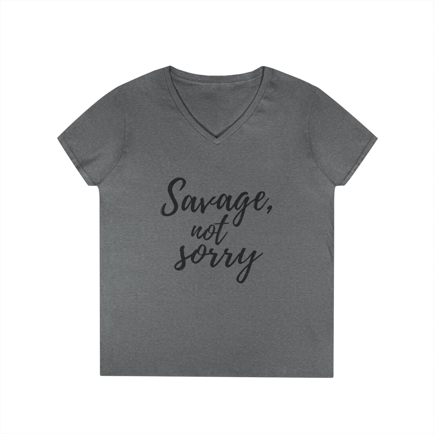 Gray Printify savage v-neck t-shirt with Savage not sorry black script text