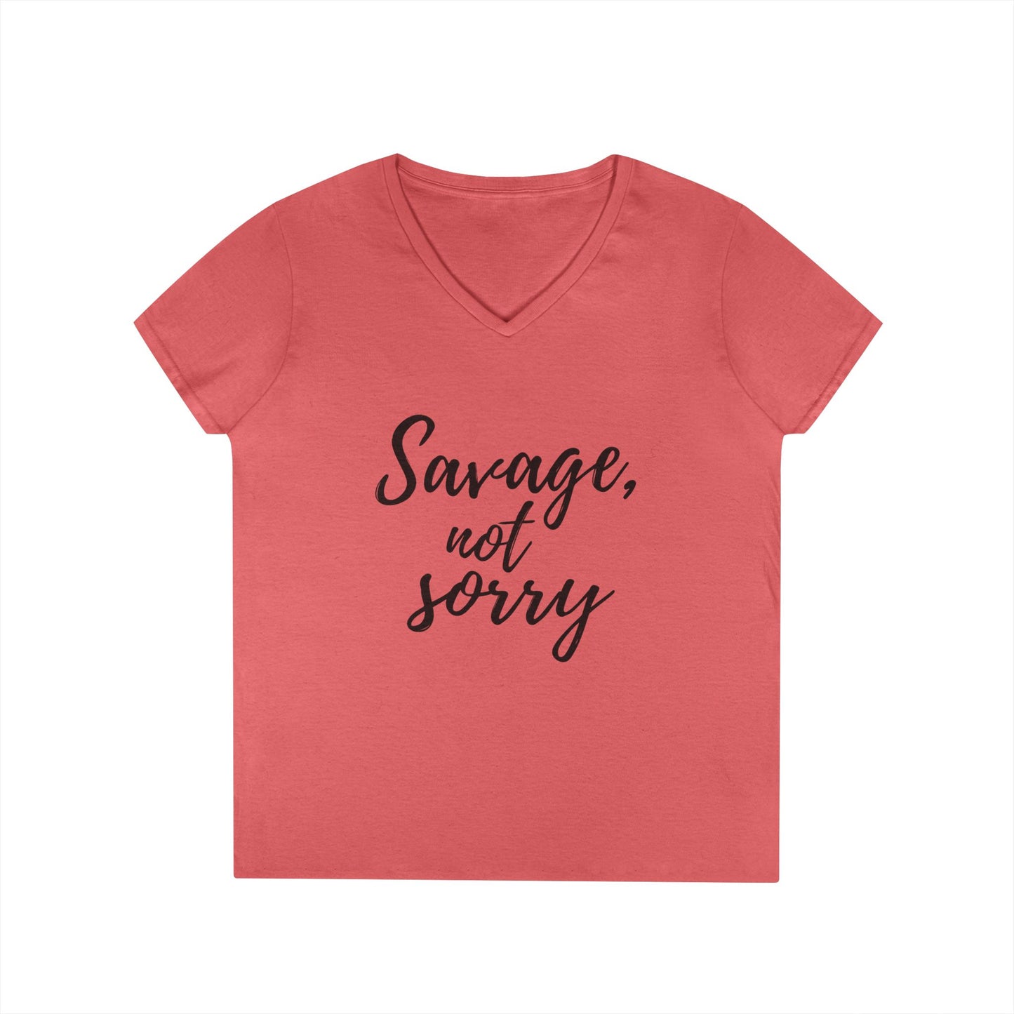 Pink Printify savage v-neck t-shirt with savage not sorry text in black script