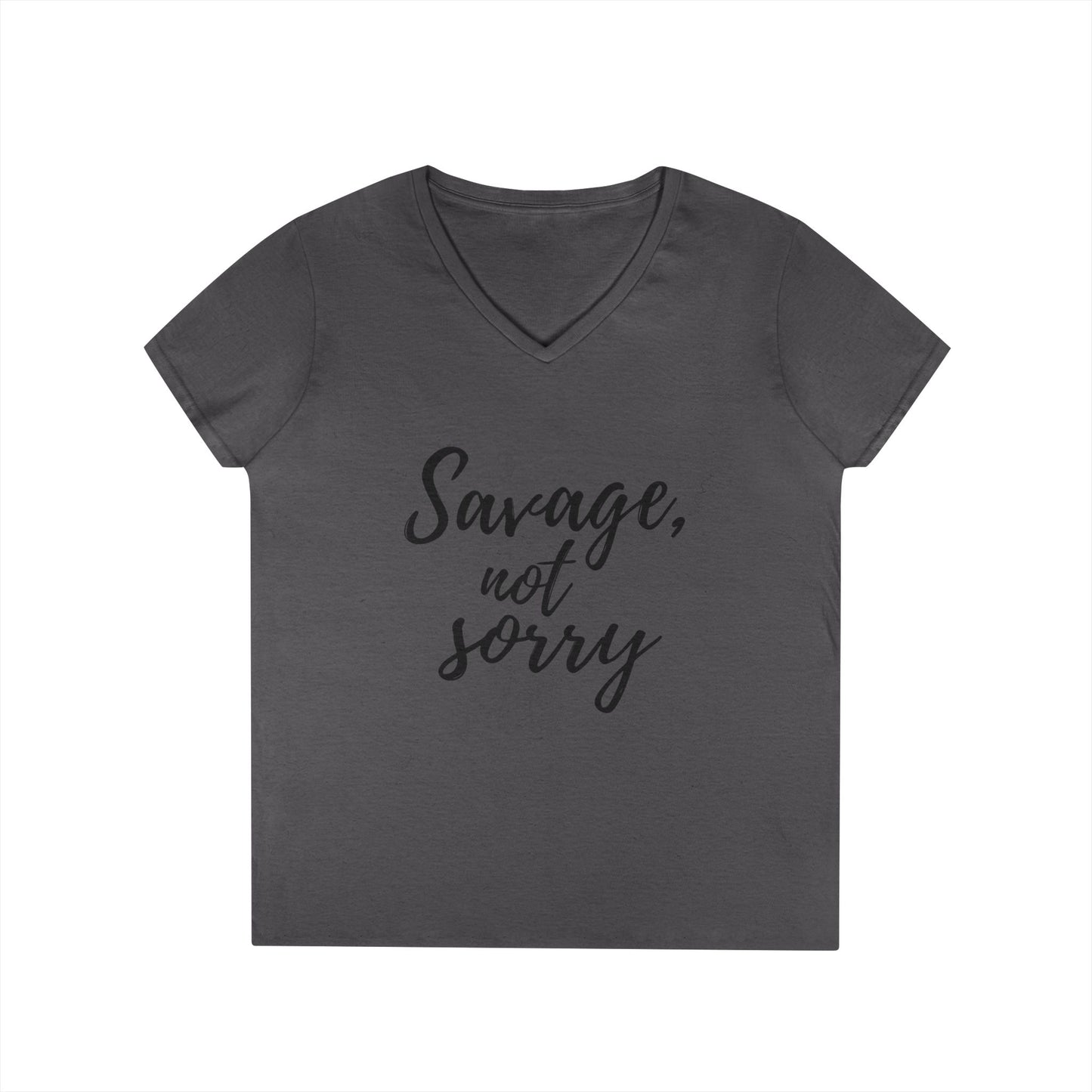Gray savage v-neck t-shirt with Savage not sorry text print from Printify