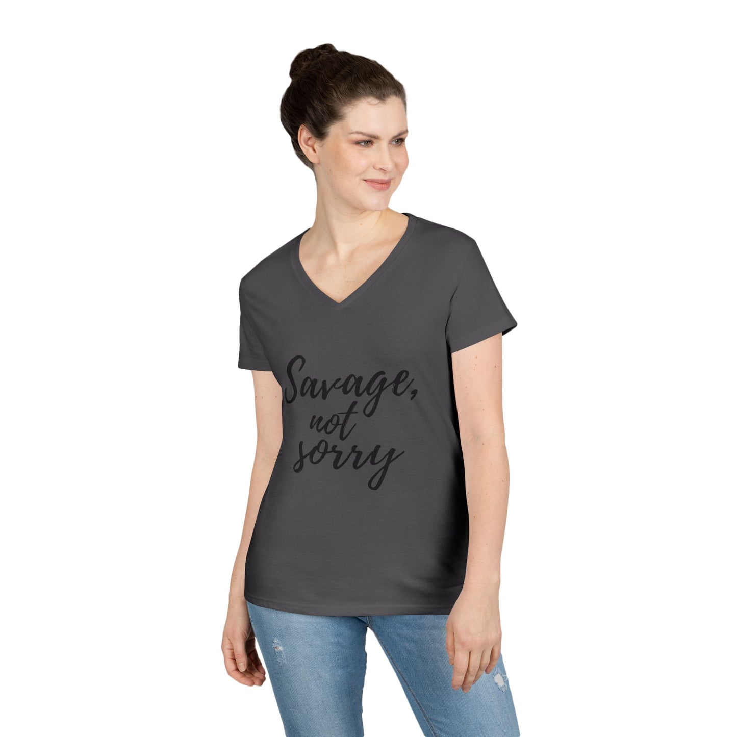 Printify savage v-neck t-shirt in dark gray worn by woman with text Savage not sorry