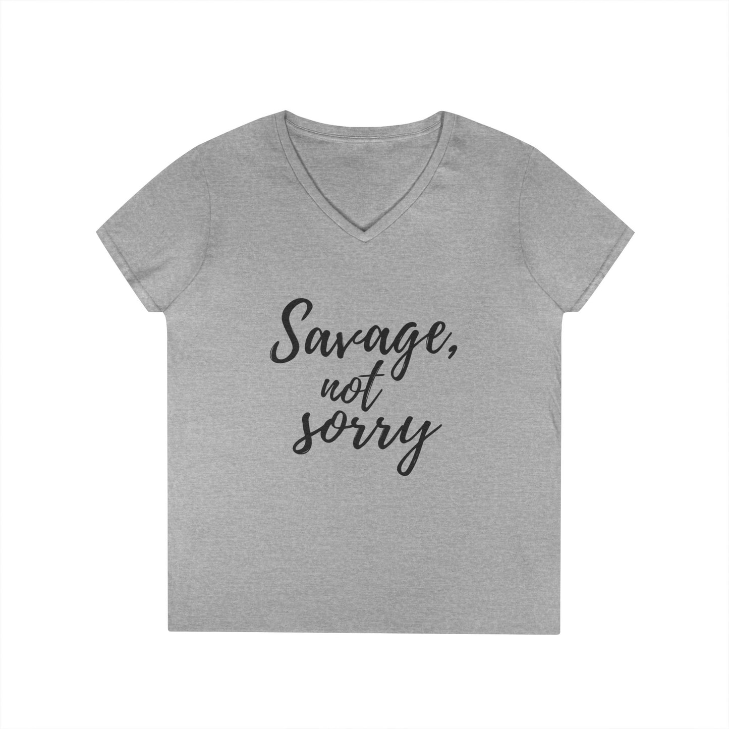 Gray Printify savage v-neck t-shirt with black text reading Savage not sorry