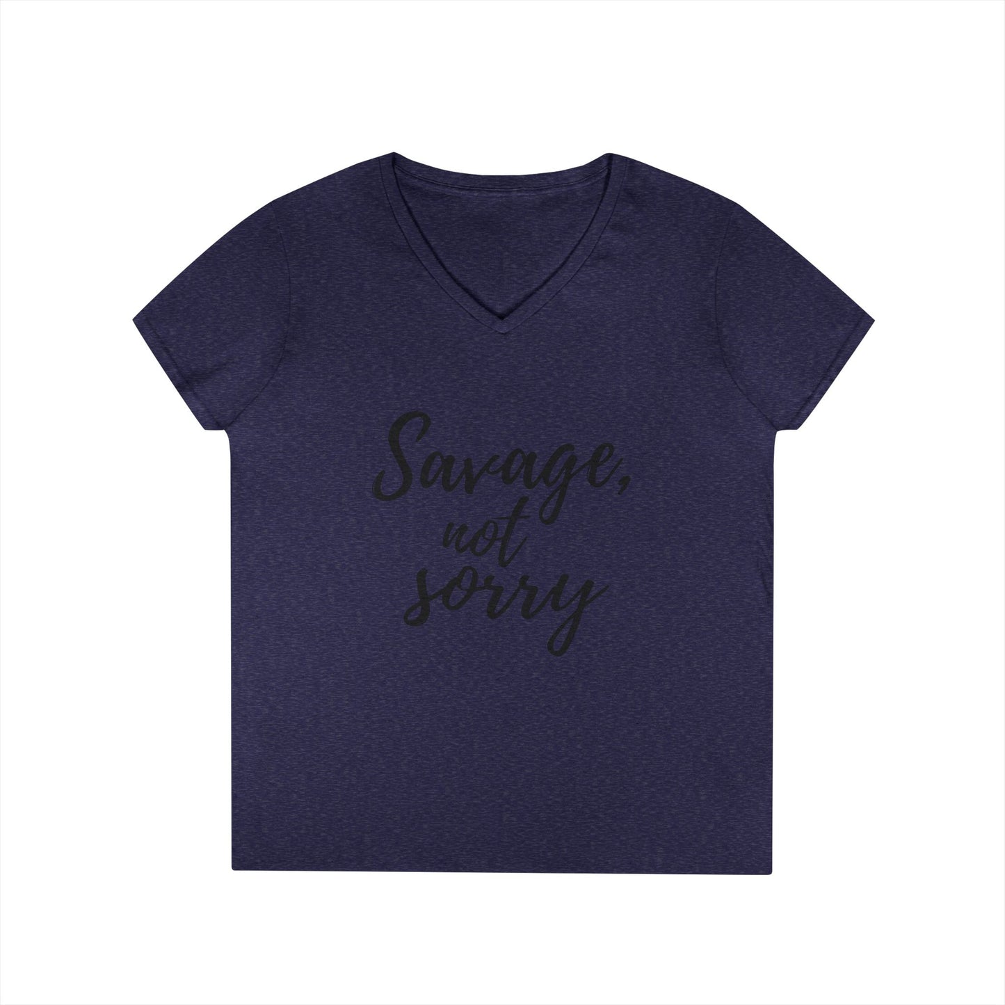 Navy blue savage v neck t shirt with savage not sorry text printed on front by Printify