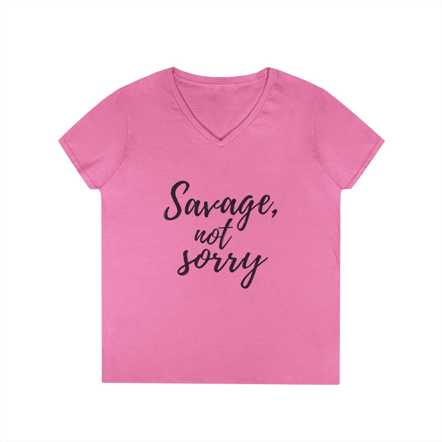 Pink Printify savage v-neck t-shirt with black scripted text saying Savage not sorry