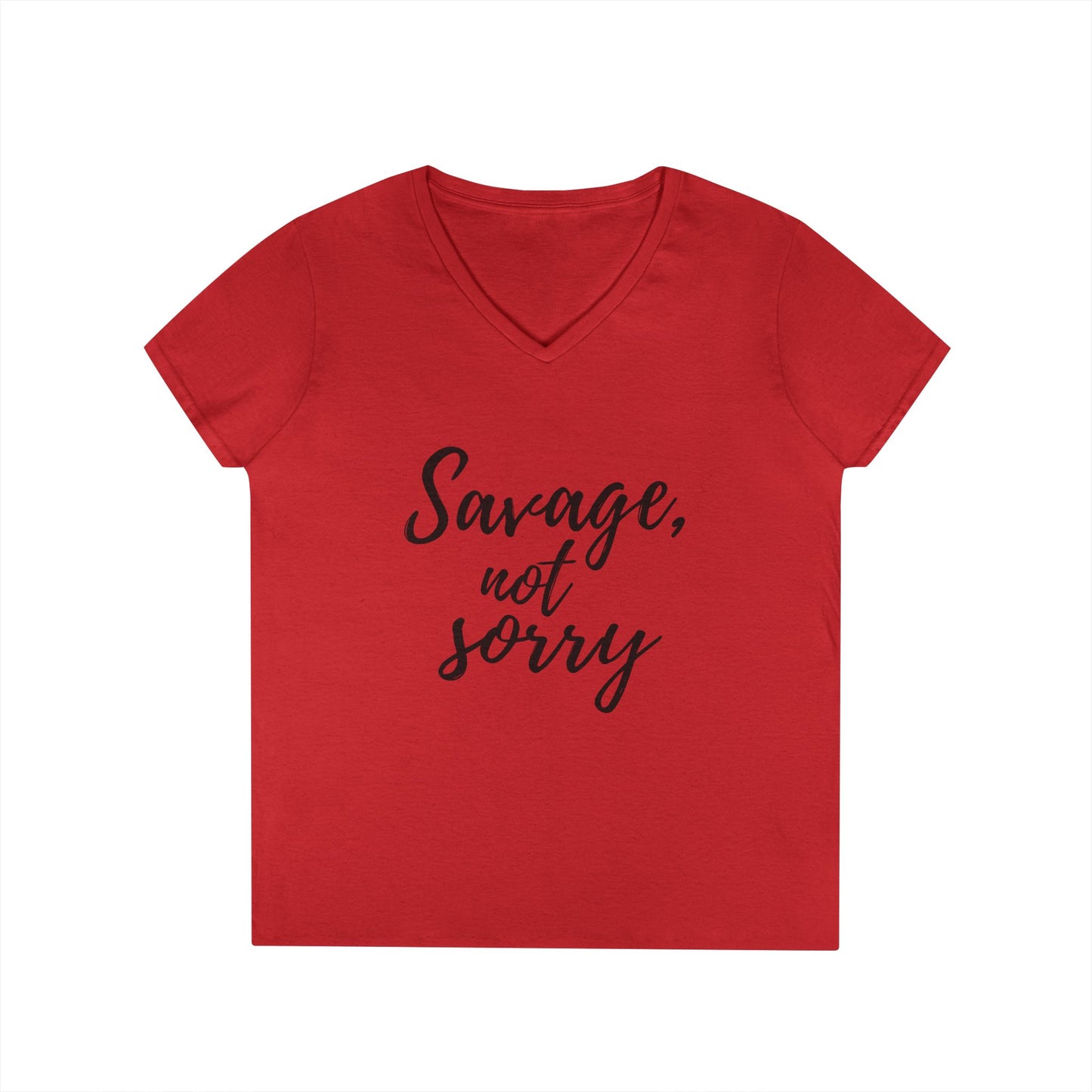 Red Printify savage v-neck t-shirt with black script text saying Savage not sorry