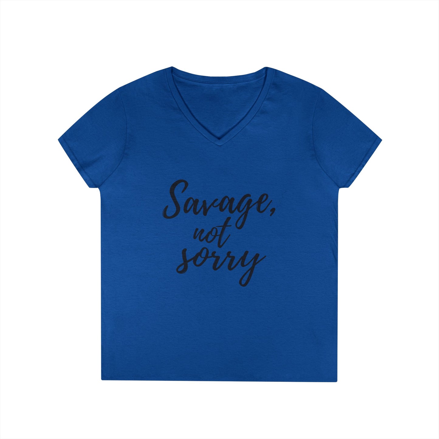 Printify savage v-neck t-shirt in blue with black scripted Savage not sorry text