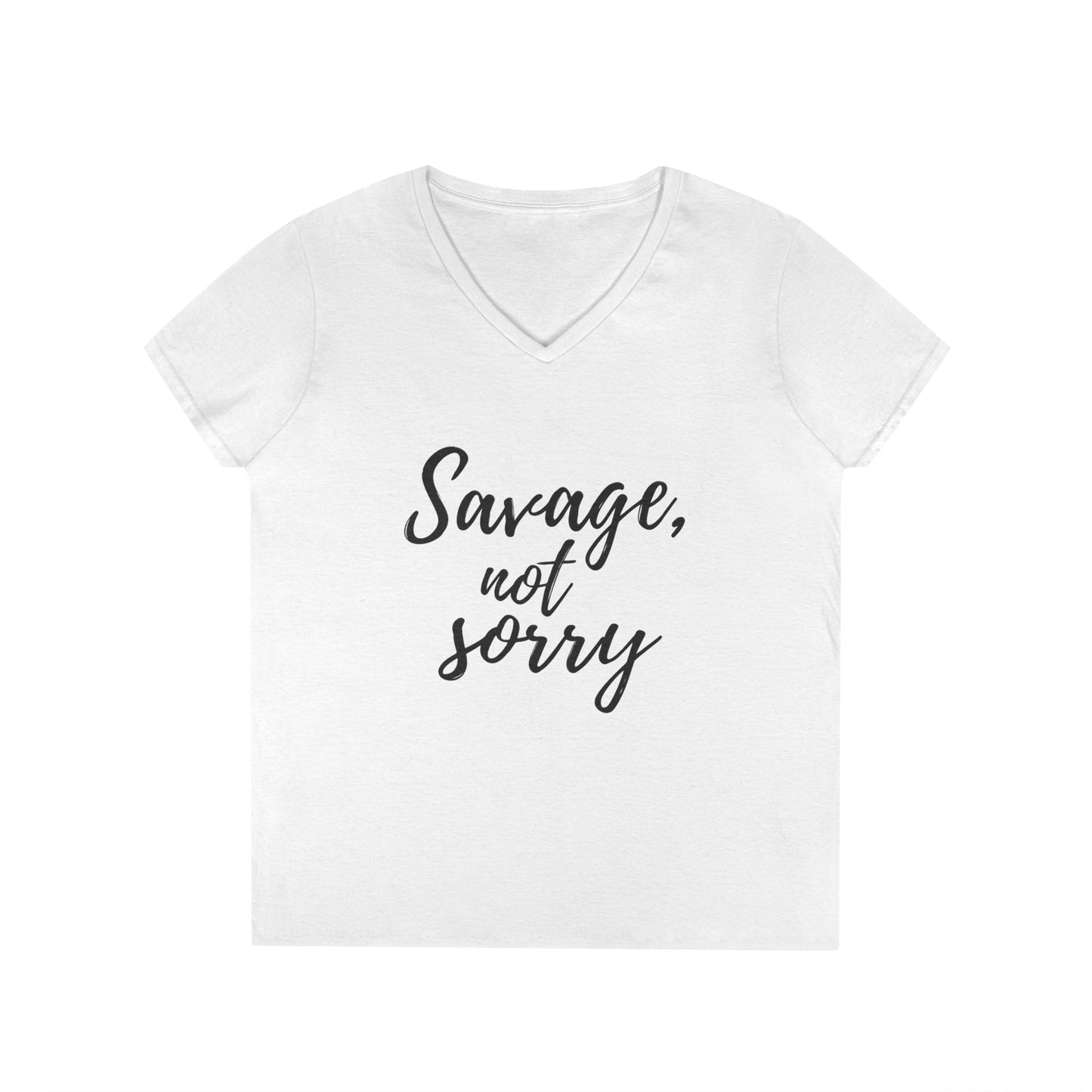 White Printify savage v-neck t-shirt with black savage not sorry text design