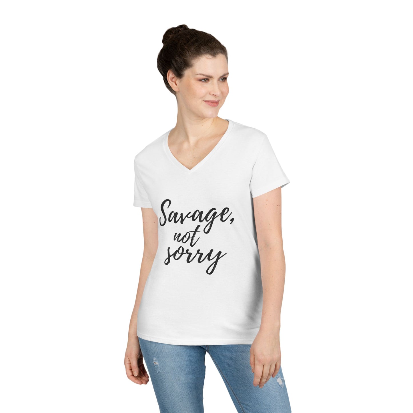 Printify white savage v-neck t-shirt with black savage not sorry text worn by woman
