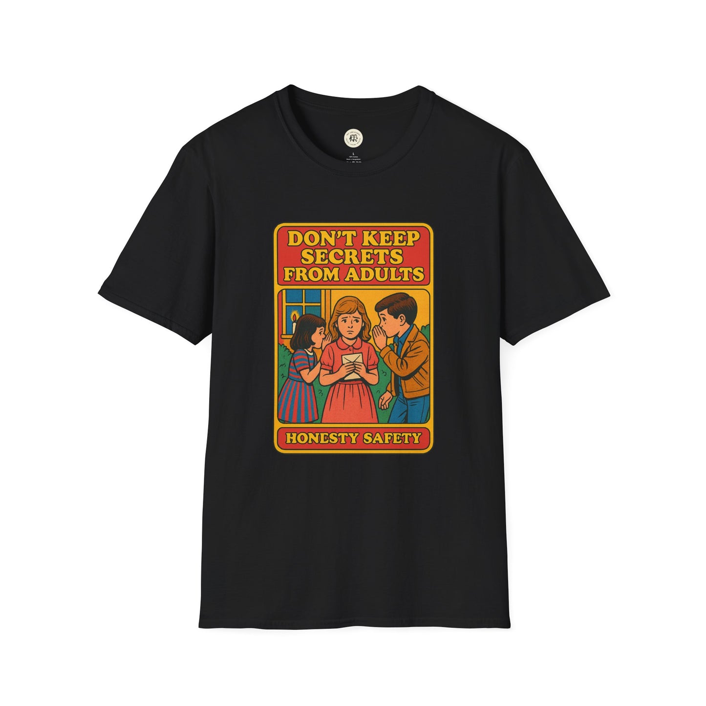 Black T-shirt with vintage style design saying Donβt Keep Secrets from Adults honesty safety Shakespeare themed gift shirt