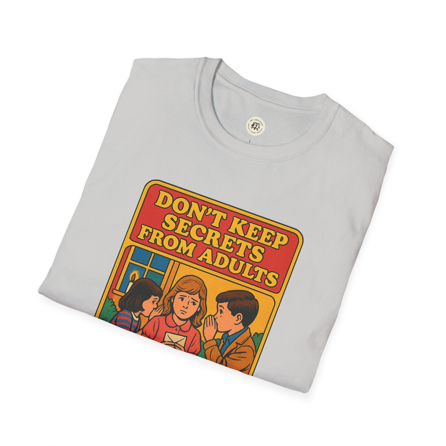 Printify gray t-shirt with vintage style illustration and text don't keep secrets from adults Shakespeare themed gift shirt