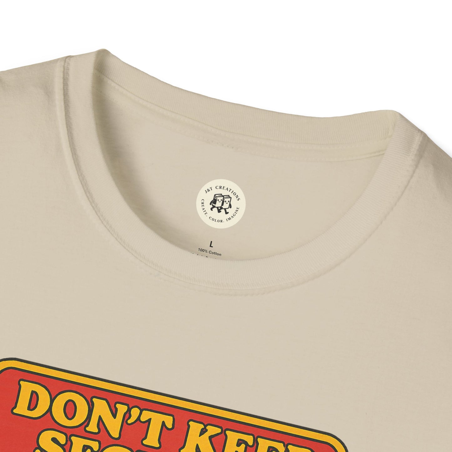 Printify beige T-shirt featuring a Shakespeare themed gift shirt design with colorful text print