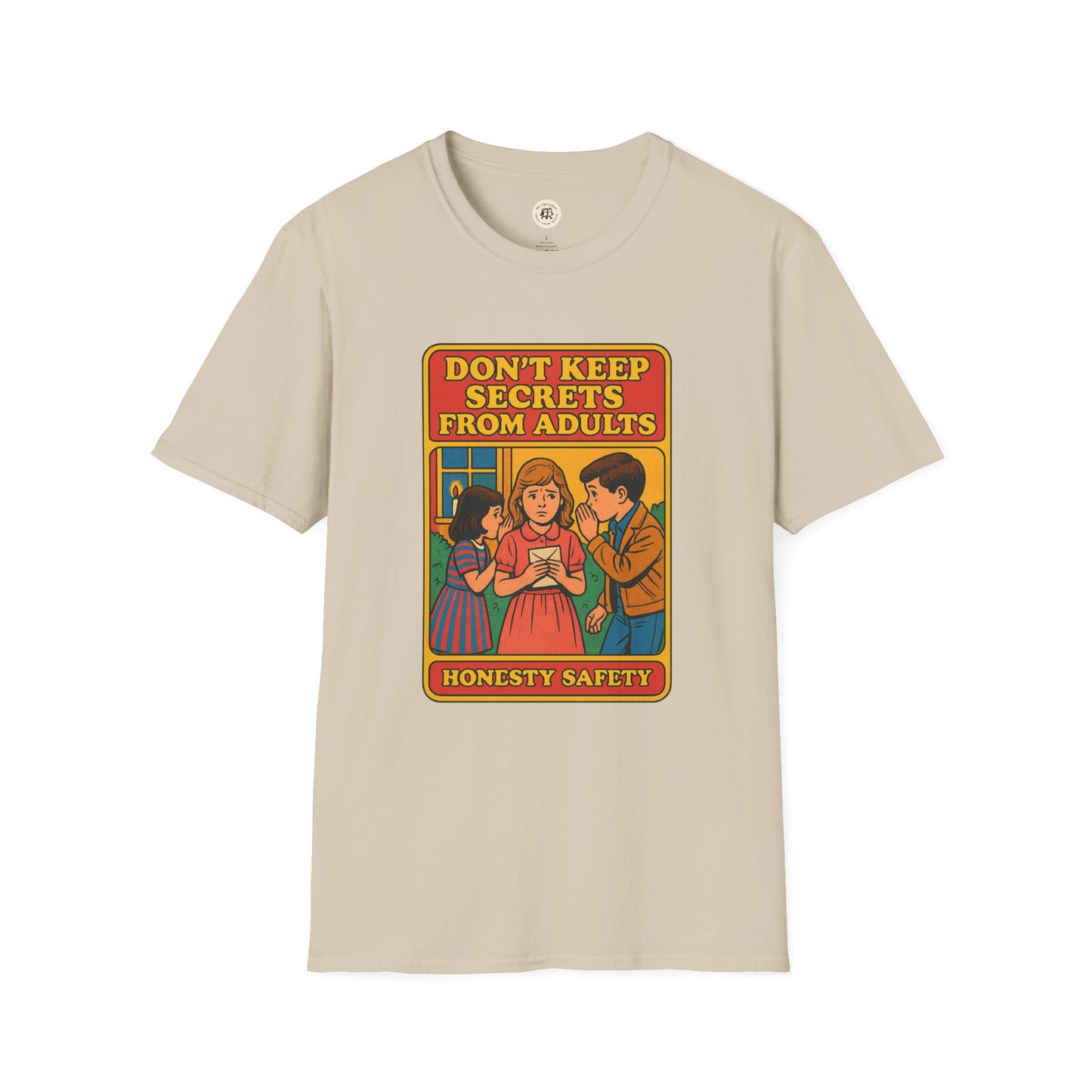 Printify beige t-shirt featuring vintage style honesty safety design for Shakespeare themed gift shirt