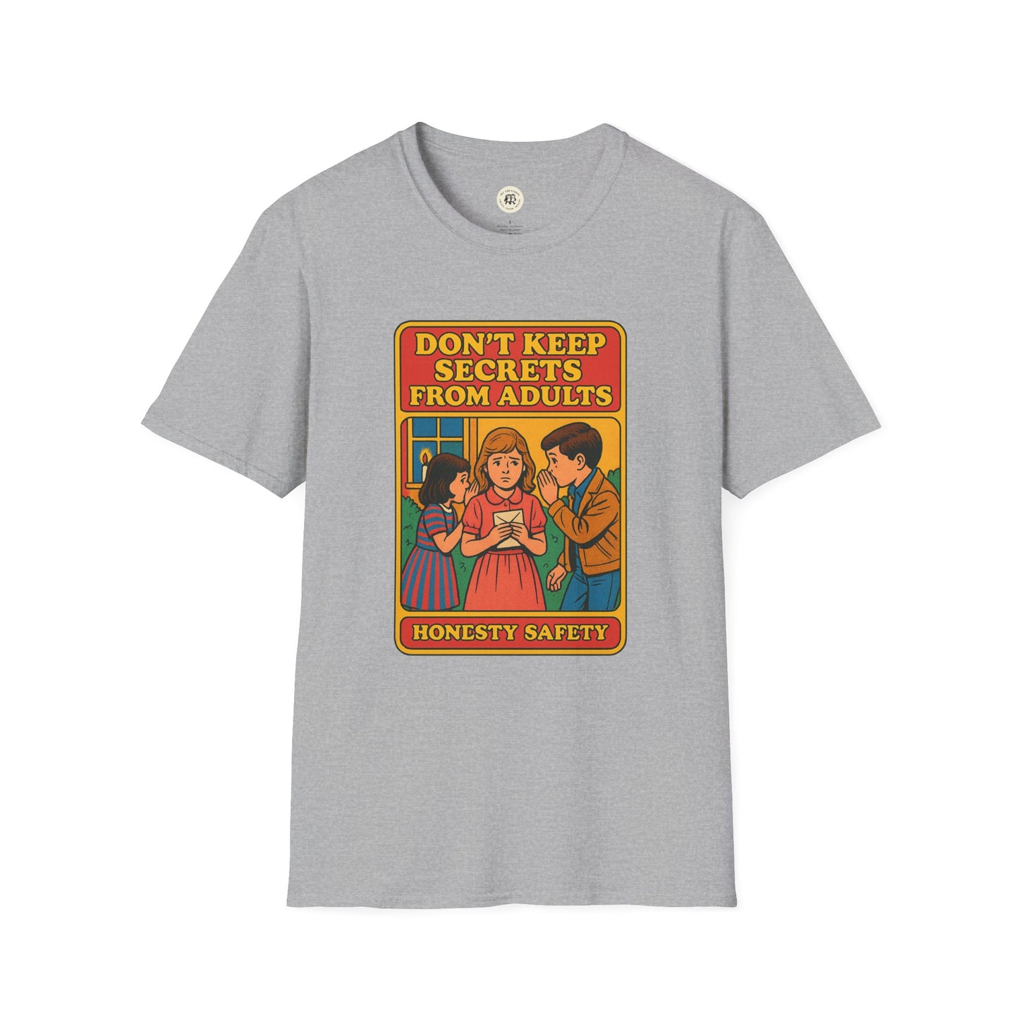 Gray Printify T-shirt with vintage style graphic and text promoting honesty safety Shakespeare themed gift shirt