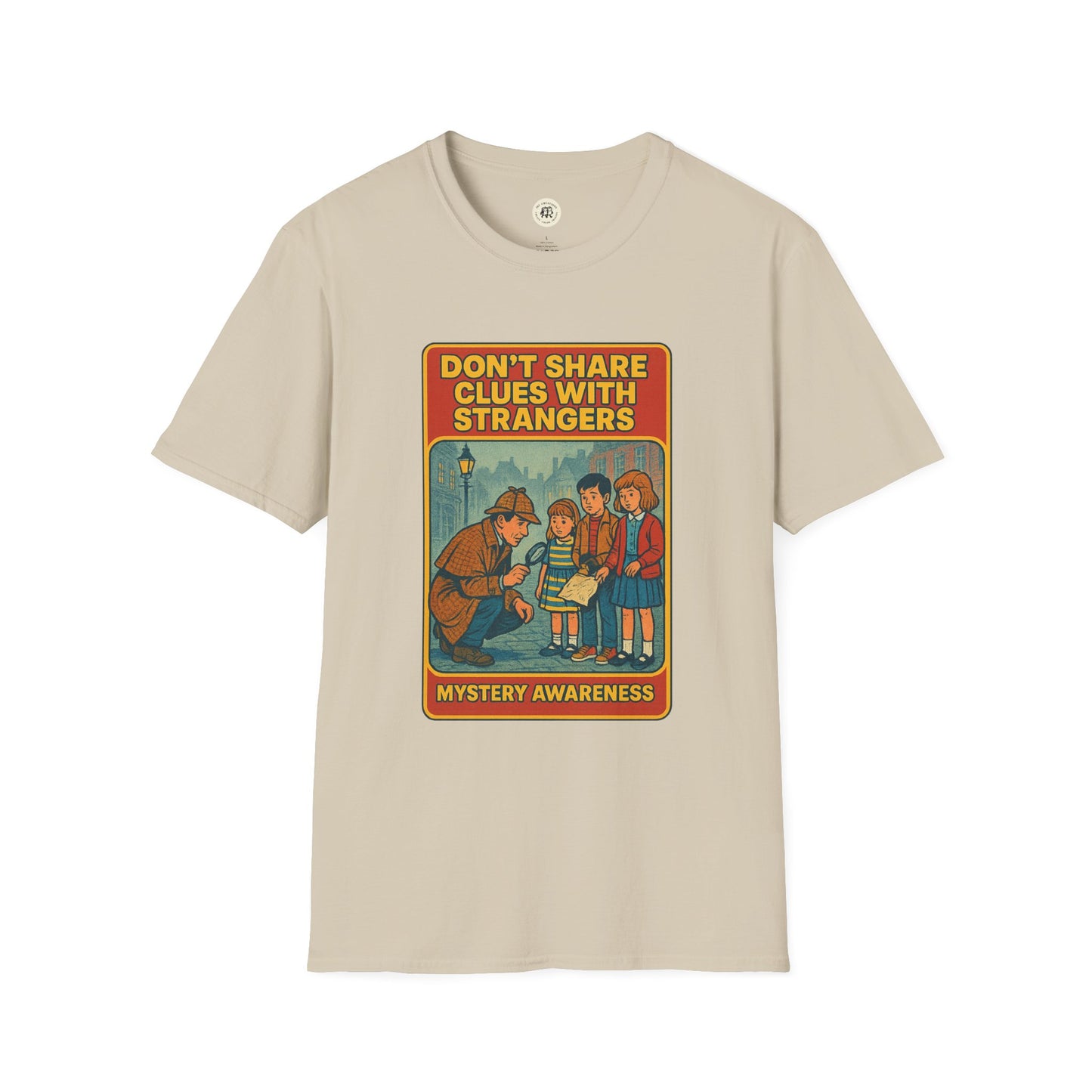 Printify beige Sherlock Holmes awareness t-shirt with vintage detective graphic and mystery message