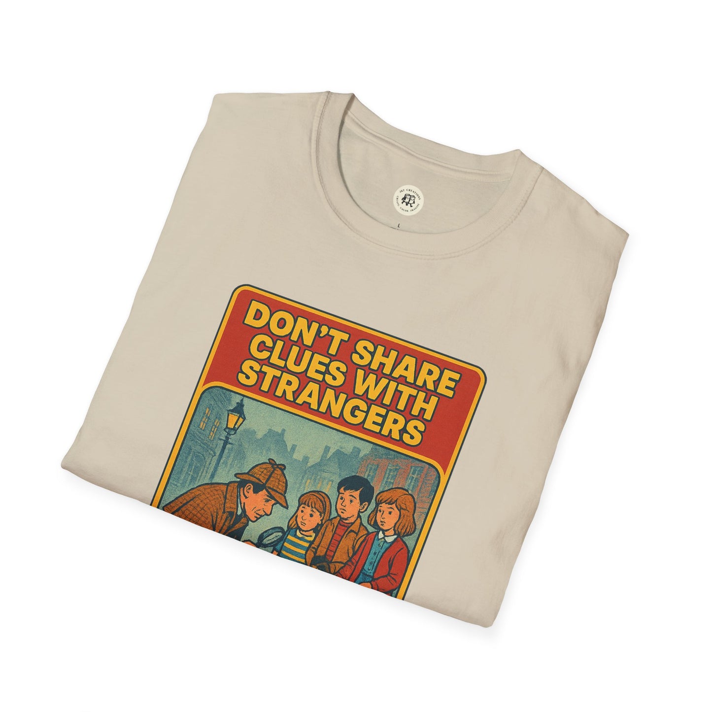 Printify Sherlock Holmes awareness t-shirt with vintage design and Dont Share Clues With Strangers print