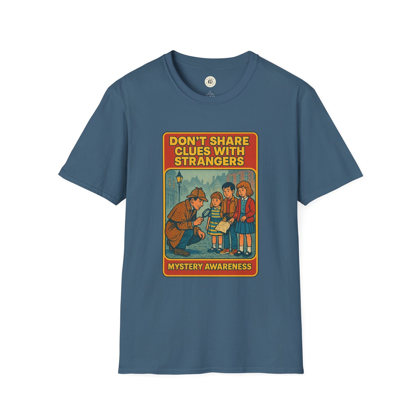 Blue Sherlock Holmes awareness t-shirt with vintage design saying Do not share clues with strangers