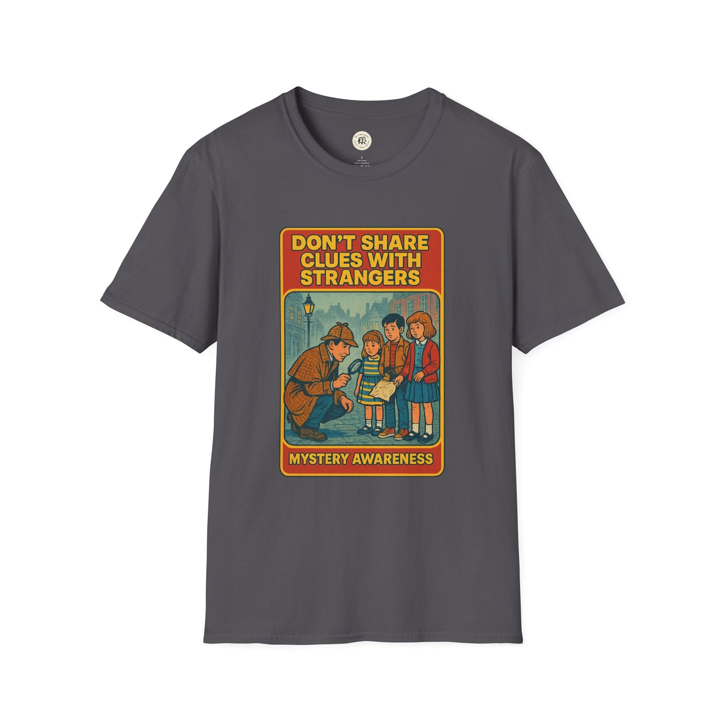Printify Sherlock Holmes awareness t-shirt with vintage design warning not to share clues with strangers