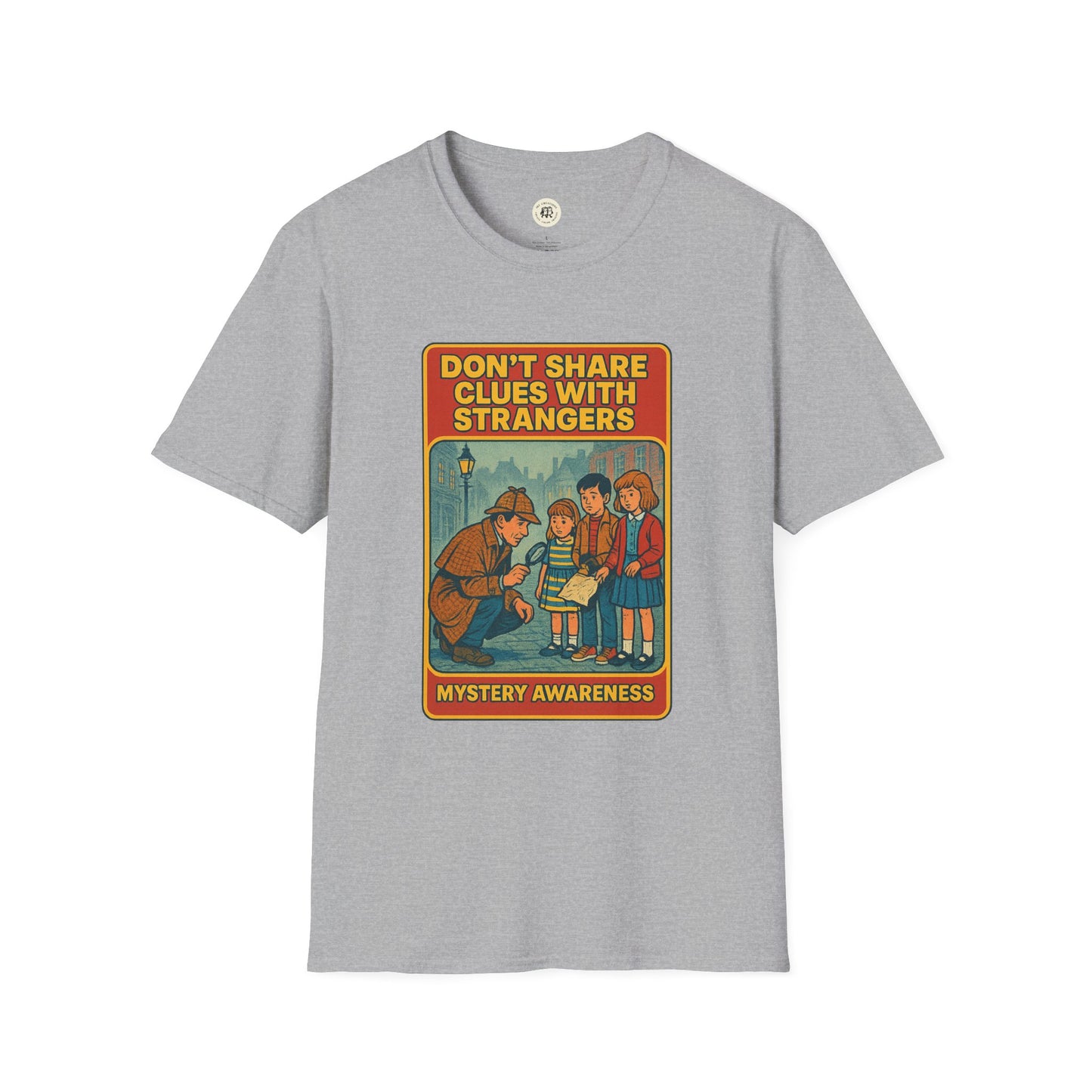 Gray Printify Sherlock Holmes awareness t-shirt with vintage detective graphic and children