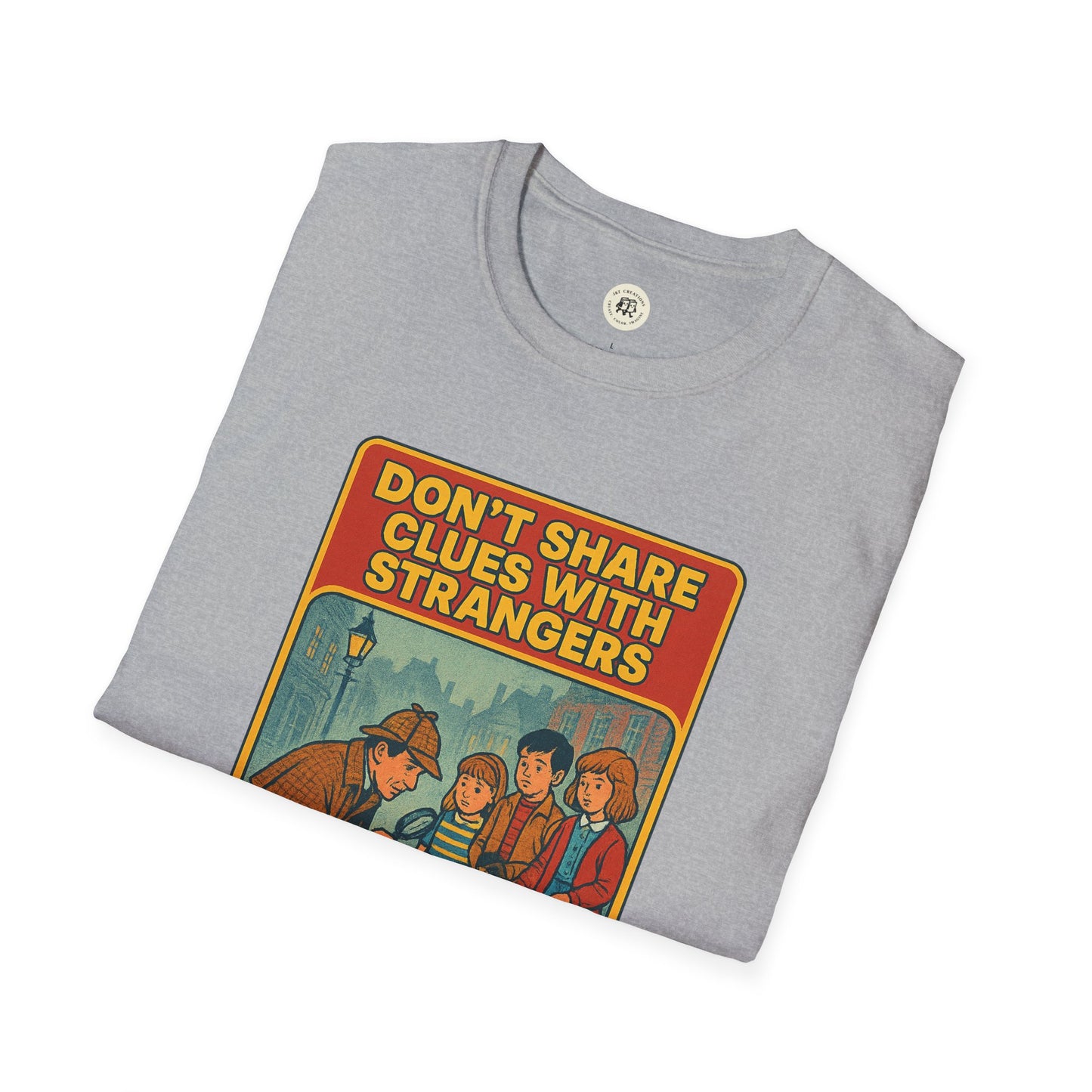 Gray Sherlock Holmes awareness t-shirt with vintage-style print saying dont share clues with strangers