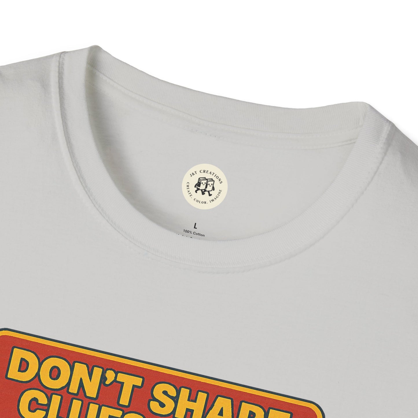 Close-up of a white Printify Sherlock Holmes awareness t-shirt collar and graphic print