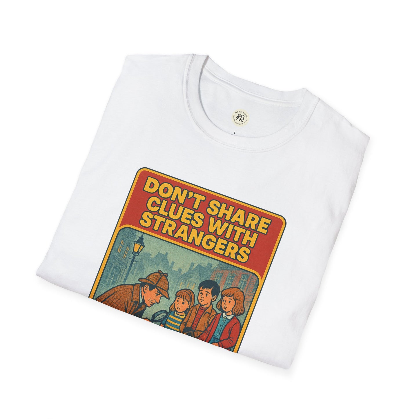 White Printify Sherlock Holmes awareness t-shirt with vintage style detective graphic and text