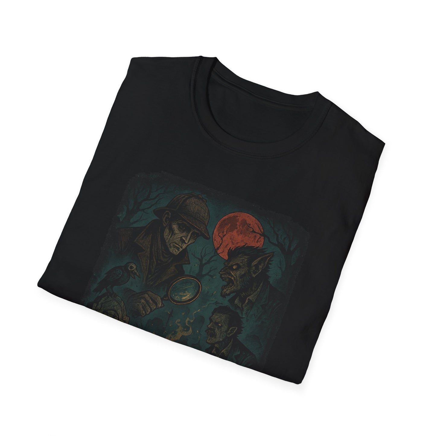 Black Printify Sherlock Holmes werewolf shirt with graphic of detective examining werewolf under red moon
