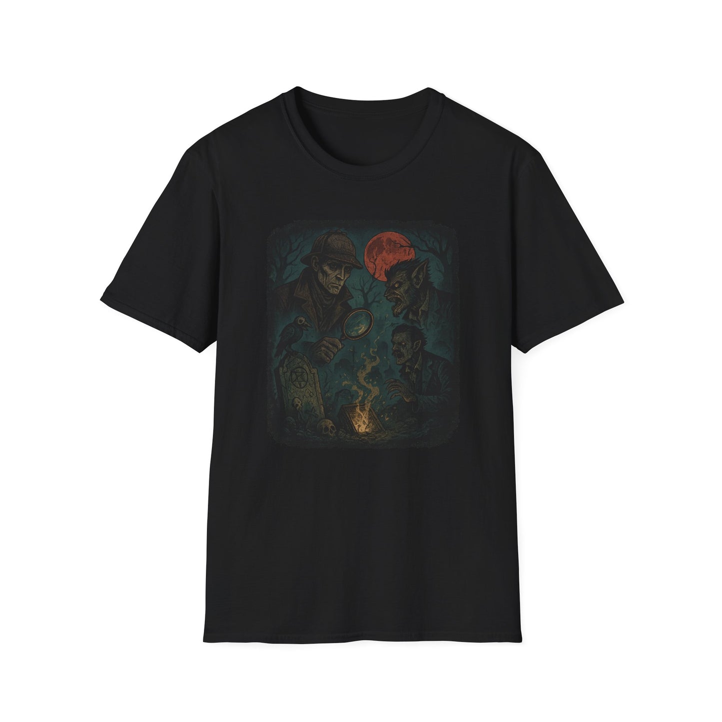 Black Sherlock Holmes werewolf shirt with detailed vintage detective and werewolf design on front